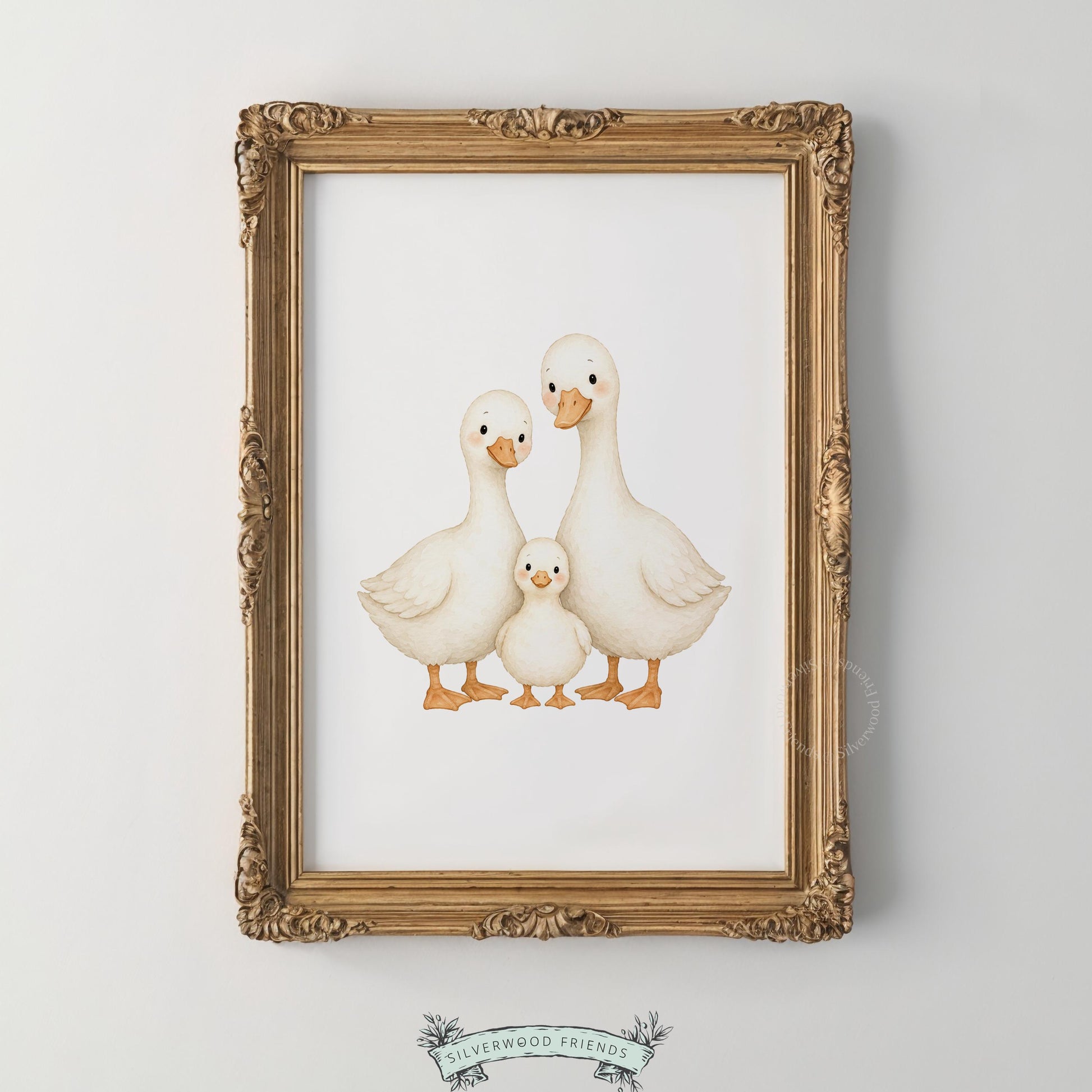 Mallard family portrait poster art for toddler room — gentle watercolor aesthetic with neutral palette