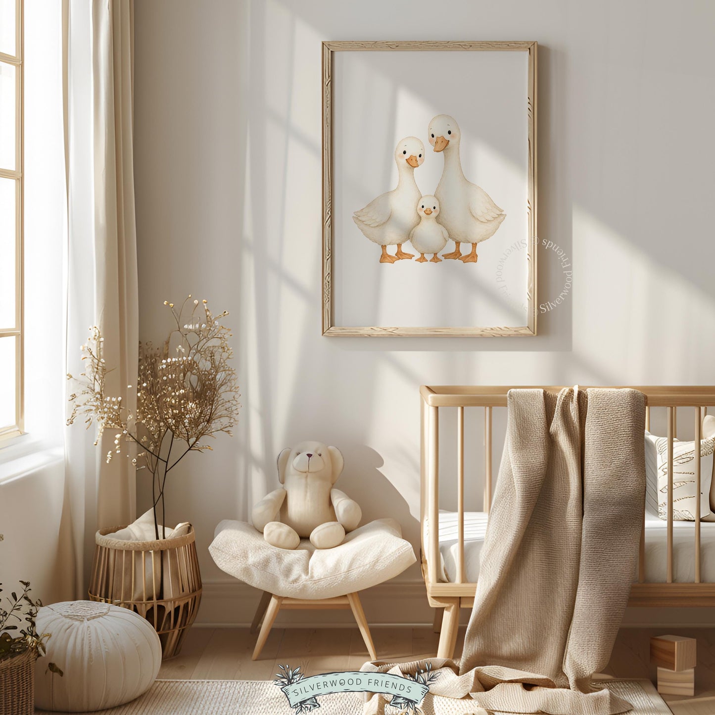 Duck family group picture printable decor for nursery — light watercolor with nurturing mood