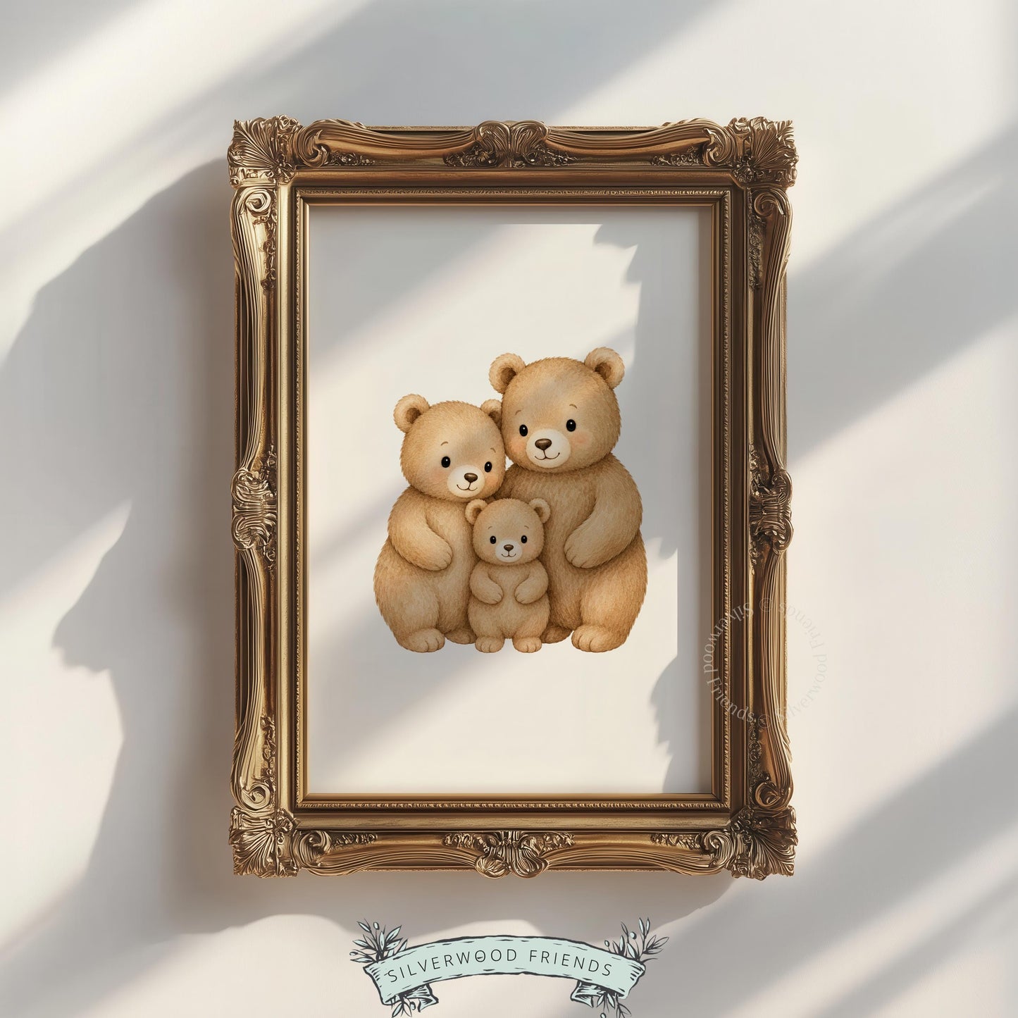 Adorable bear cub nestled with parents wall artwork for toddler room — warm, inviting illustration