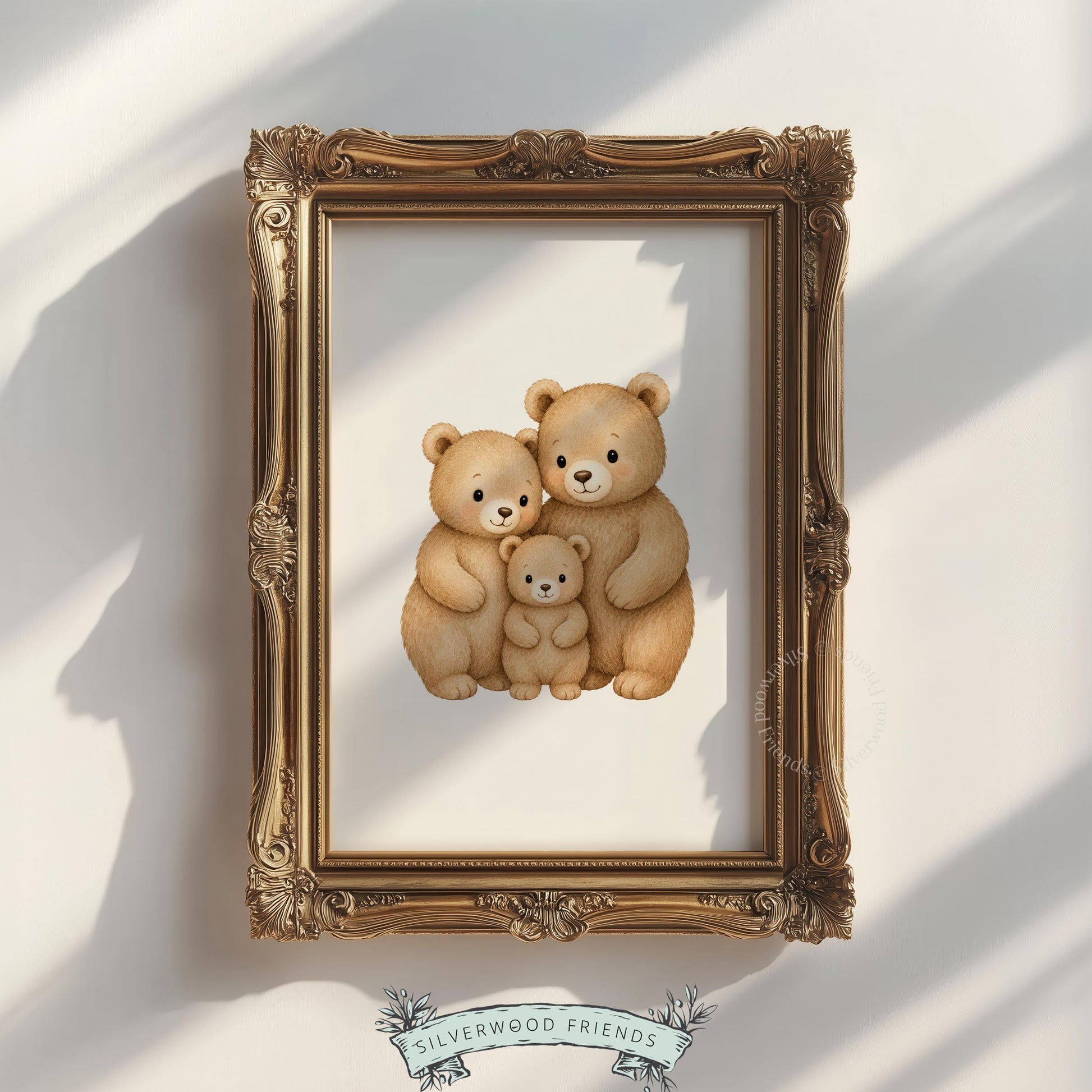 Adorable bear cub nestled with parents wall artwork for toddler room — warm, inviting illustration