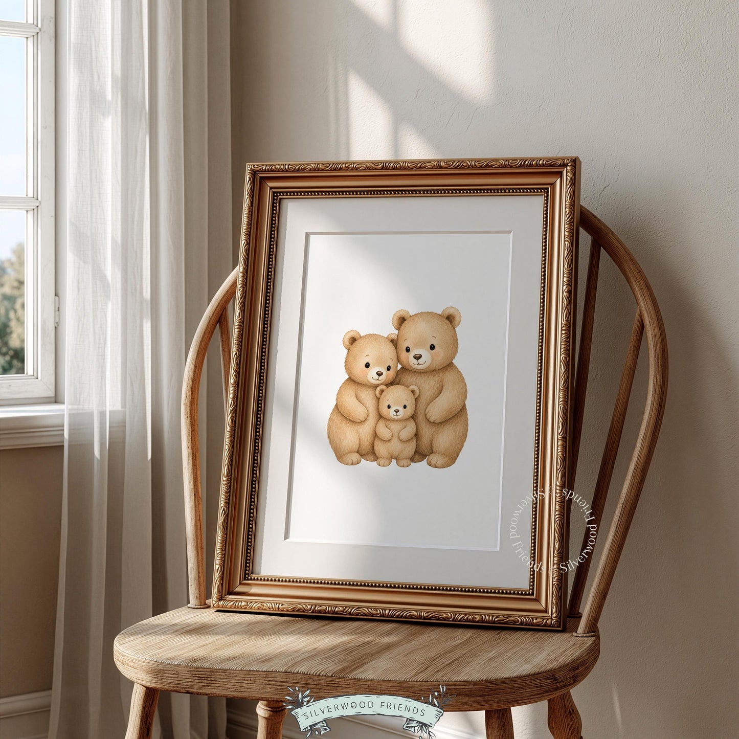 Parent bears hugging baby cub wall art for kids room — soft, cozy gender-neutral nursery decor