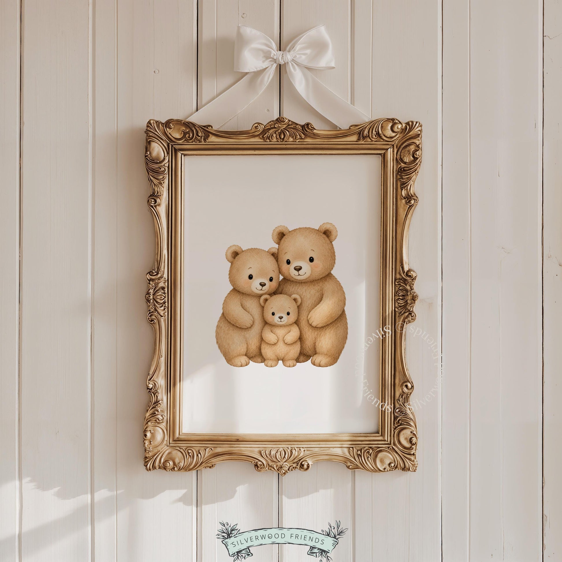 Bear family digital print for toddler room — gentle watercolor style with fuzzy texture and earthy colors