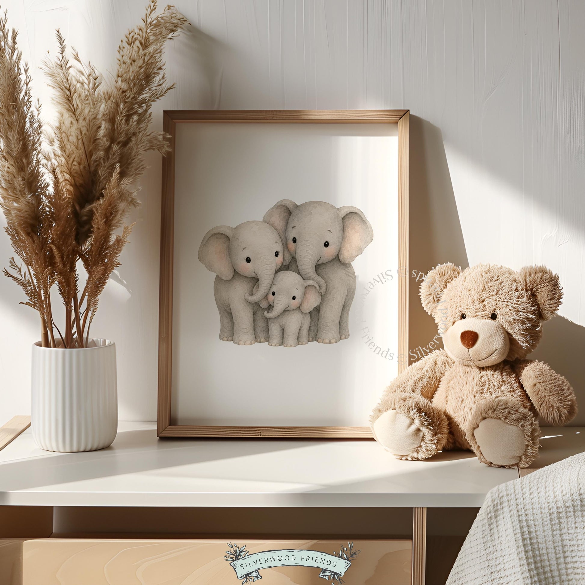 Adorable elephant calf between parents digital wall art — tender nursery print in muted earth tones