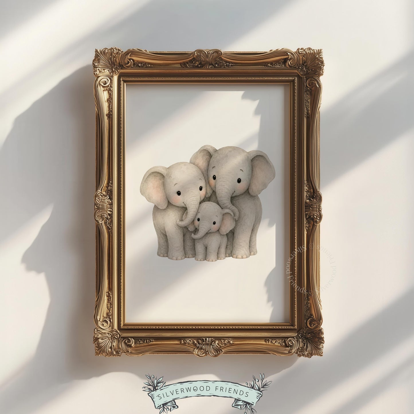 Sweet elephant trio poster for playroom — soft grayscale nursery wall art with delicate brushwork