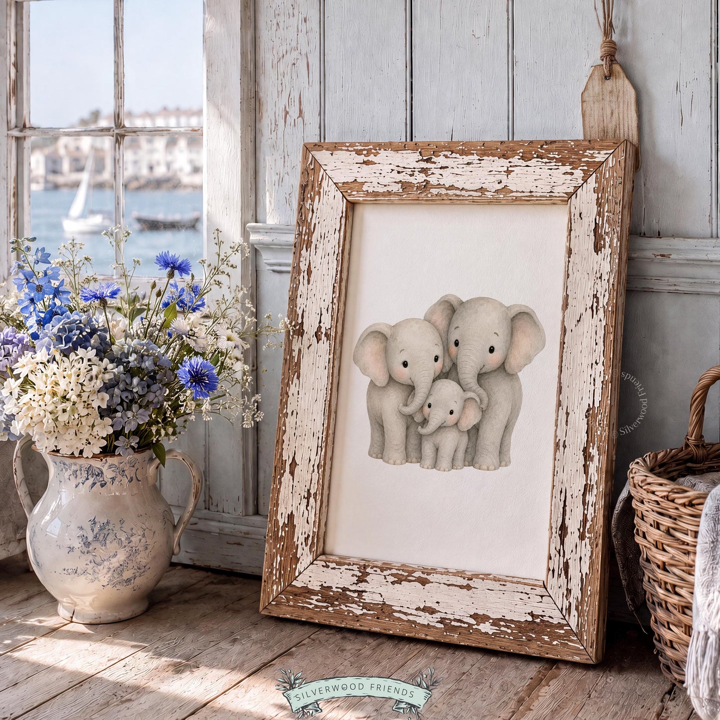 Pachyderm trio wall decor printable for gender-neutral nursery — soft grays and blush pink ears throughout