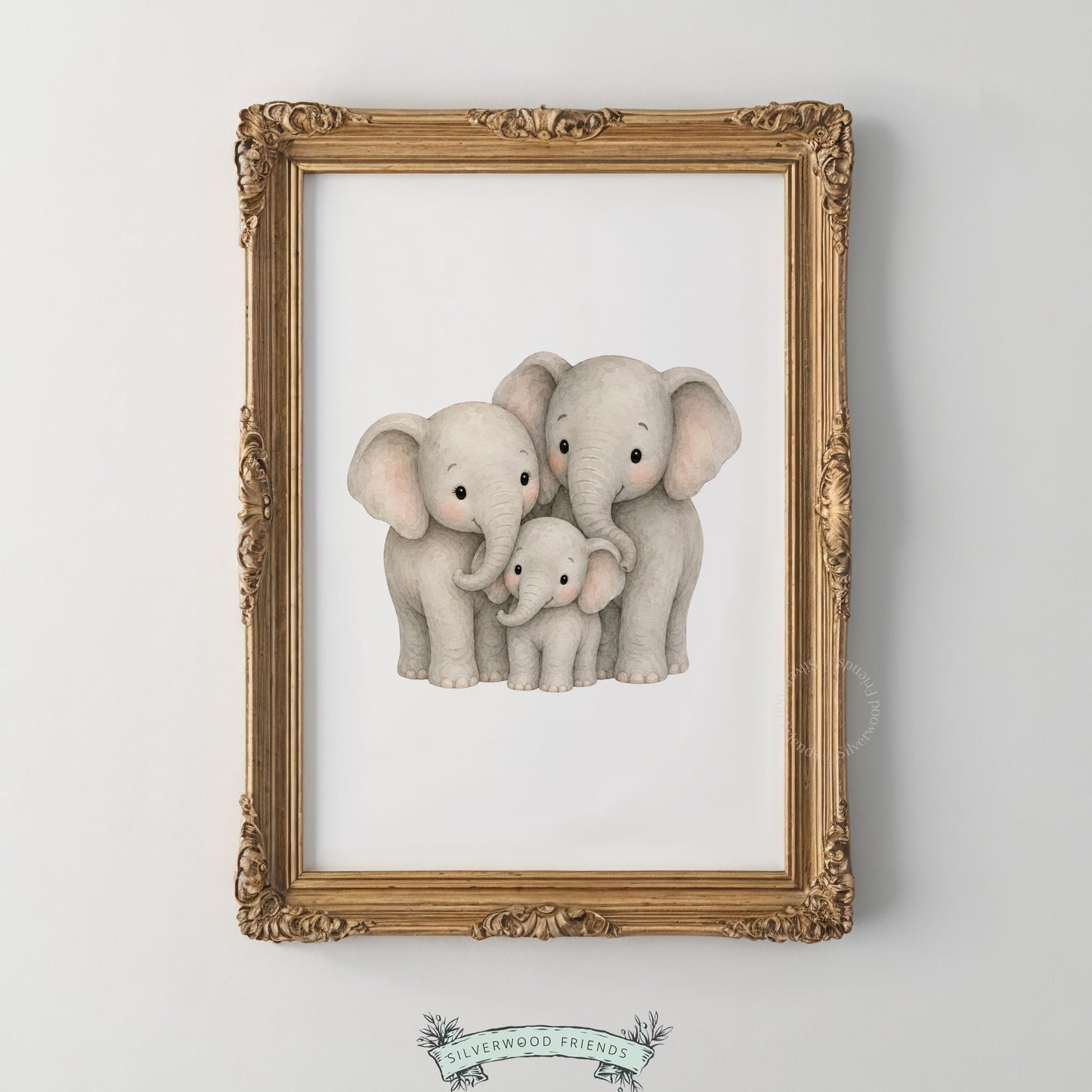 Charming elephant household portrait poster for nursery — pale tones with pink inner ear details throughout