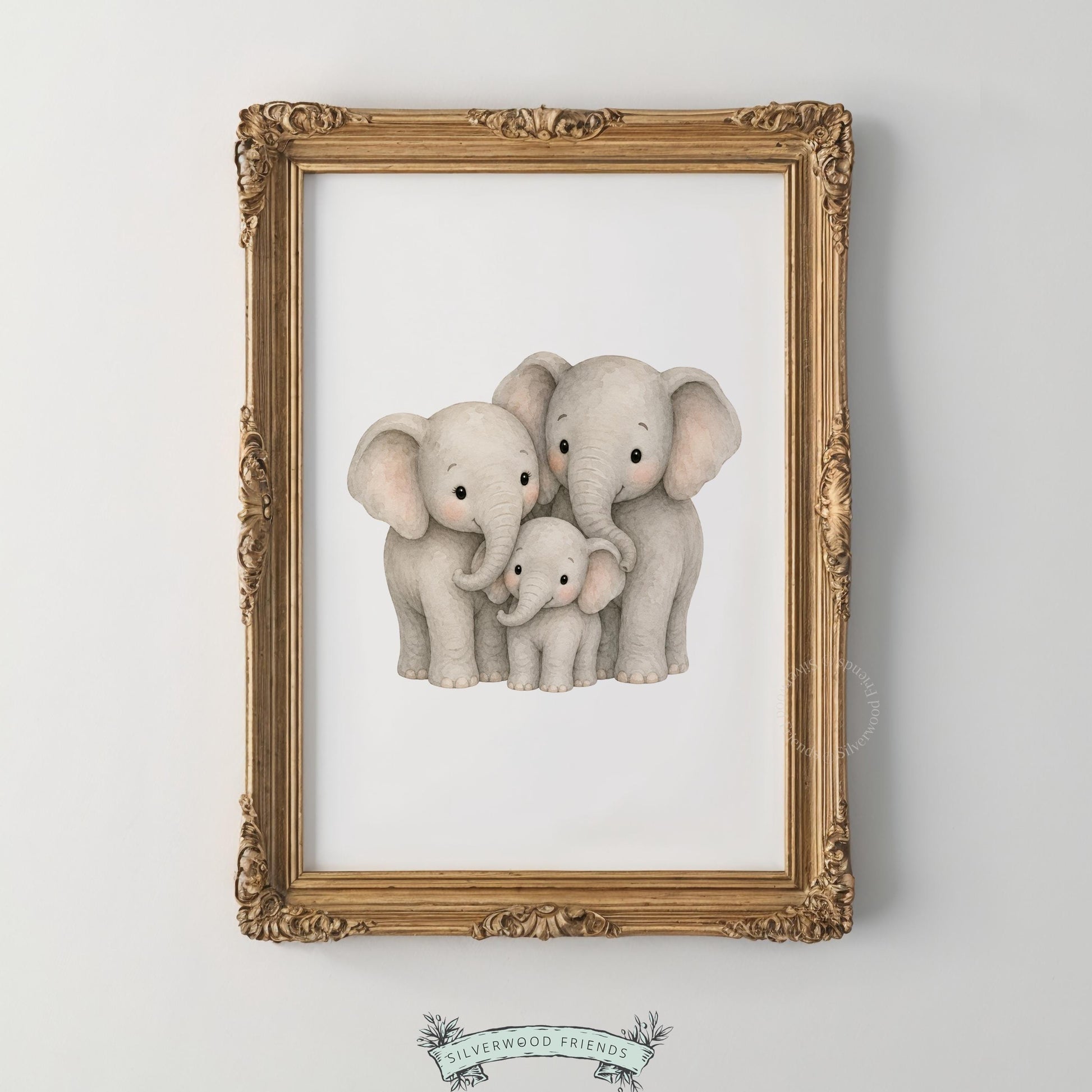 Charming elephant household portrait poster for nursery — pale tones with pink inner ear details throughout