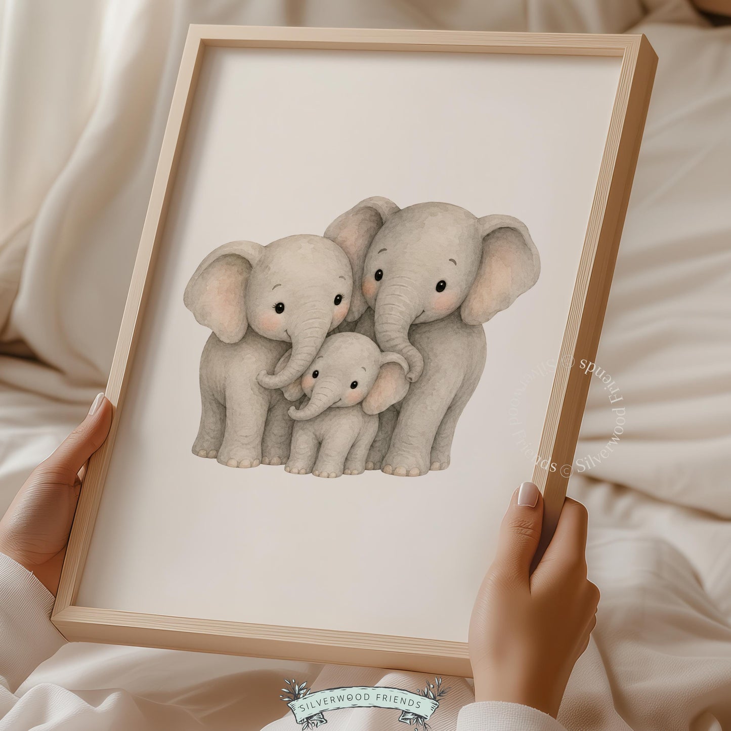 Cute elephant mother, father, and baby picture for neutral nursery — calming illustrated family scene