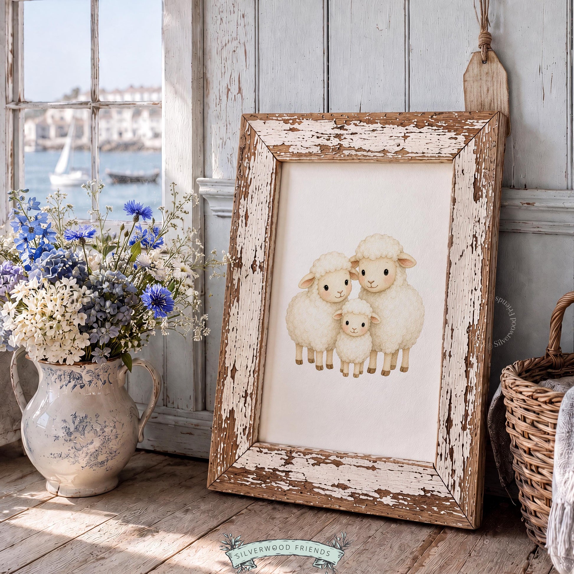 Three sheep family portrait printable art for nursery — soft watercolor illustration with warm beige tones