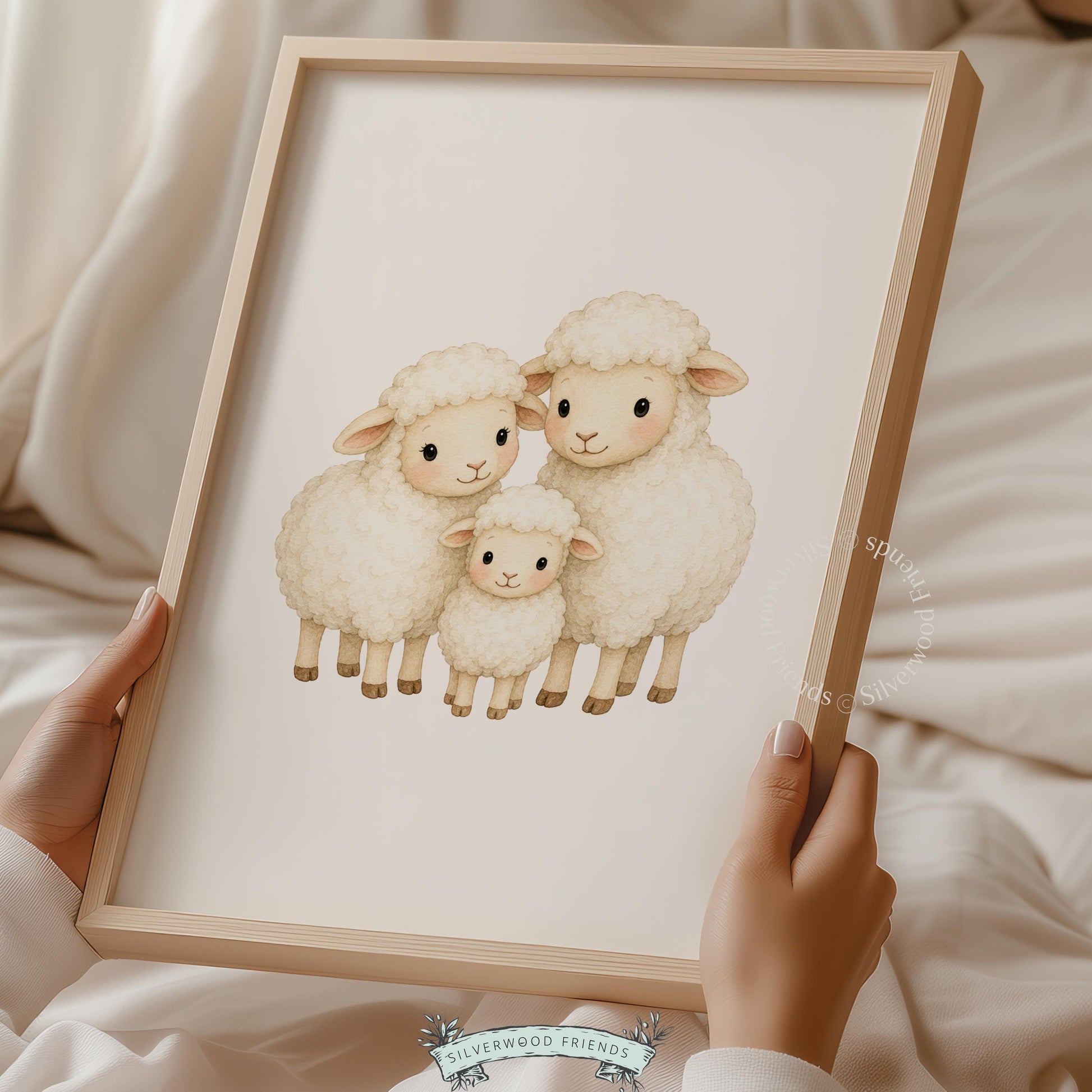 Gentle lambs family portrait digital print for kids room — cream-colored wall art with peaceful aesthetic