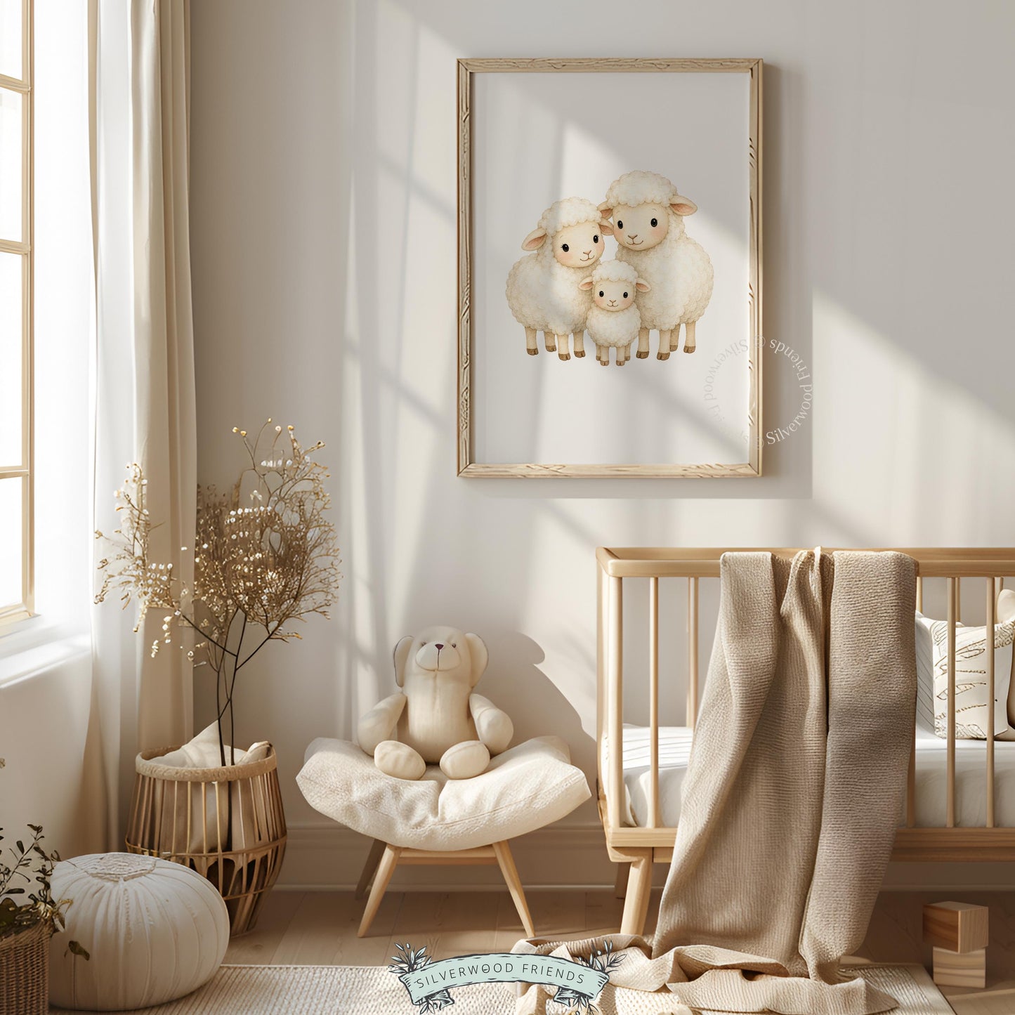 Lamb between parent sheep picture for baby nursery — peaceful cream-toned wall art with fluffy silhouettes