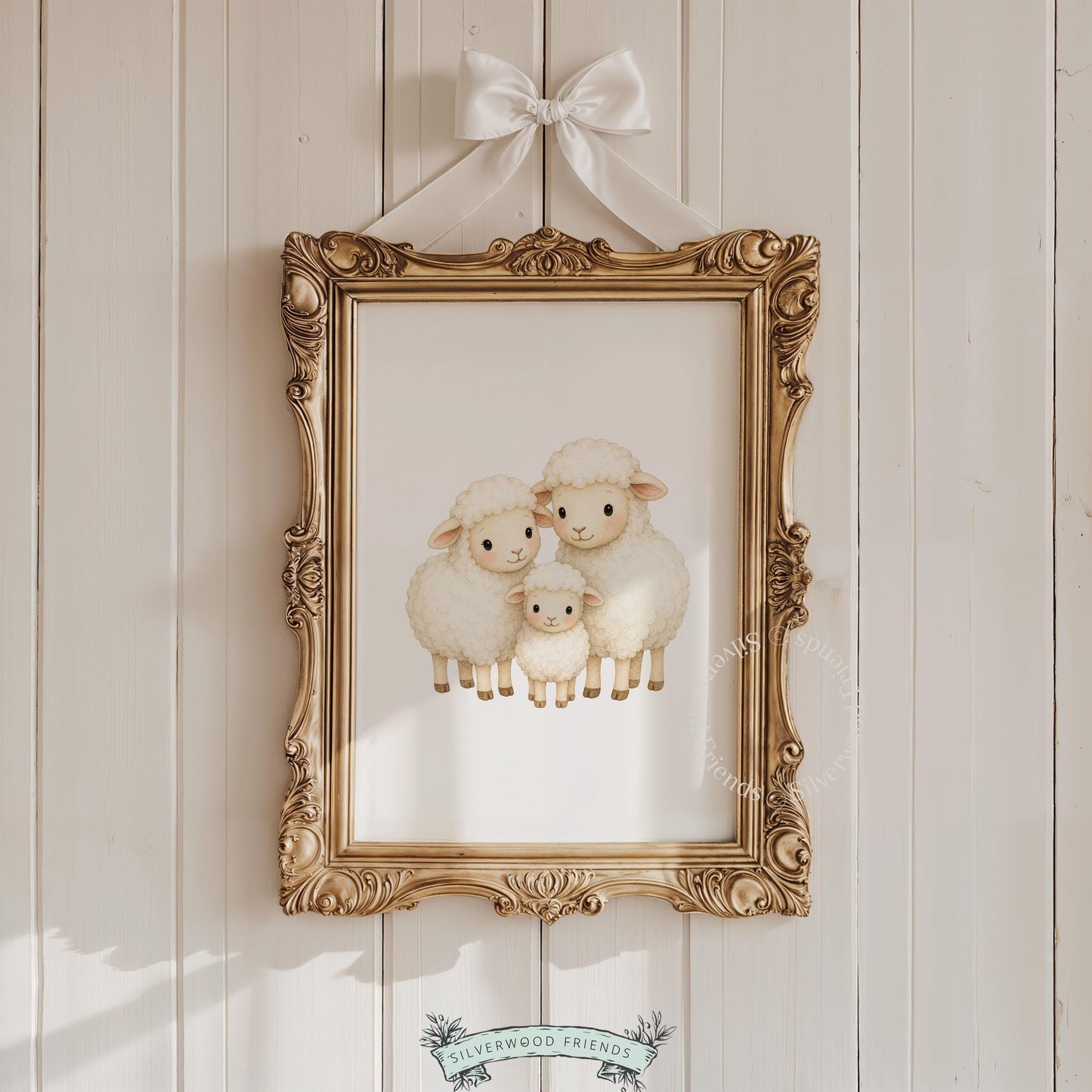 Cute family sheep wall decor poster for neutral space — delicate cream-colored watercolor-style print