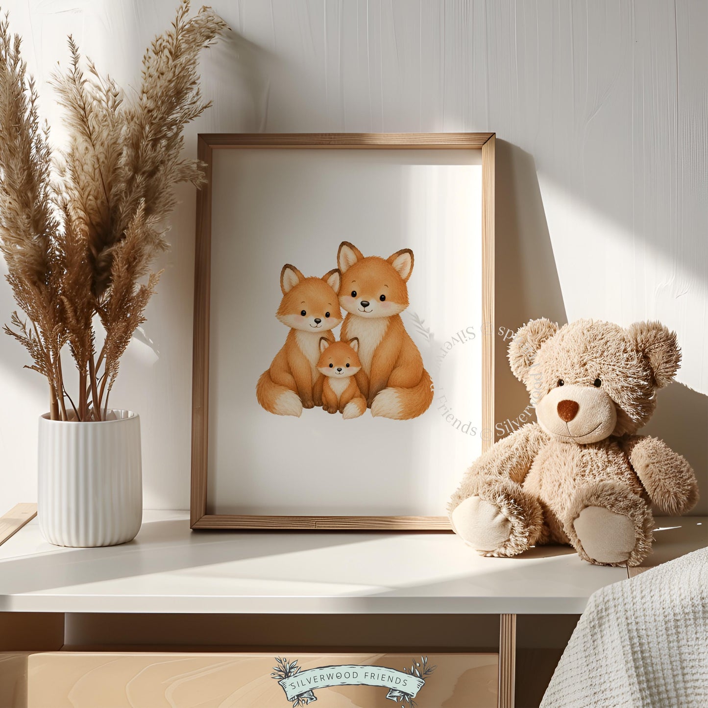Fox portrait trio poster for baby room decor — soft watercolor family scene with warm woodland aesthetic