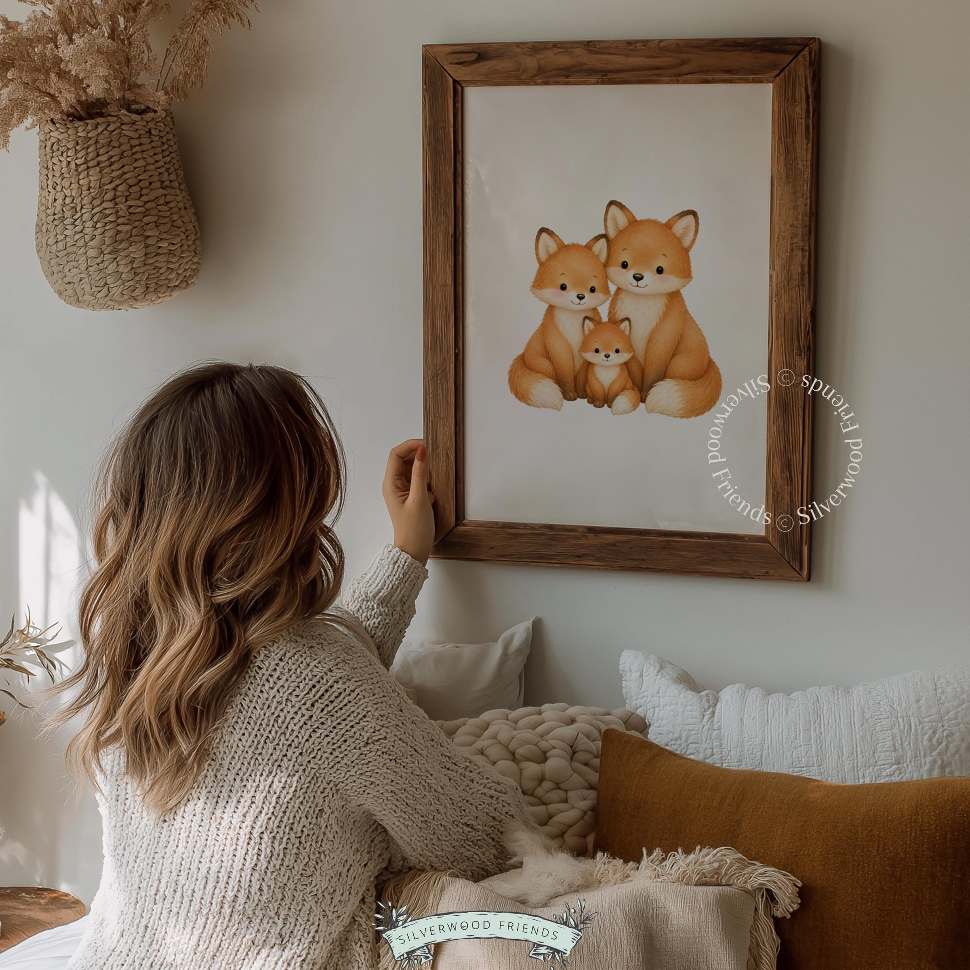 Three-fox woodland family wall art instant download — cozy storybook-style portrait for toddler room