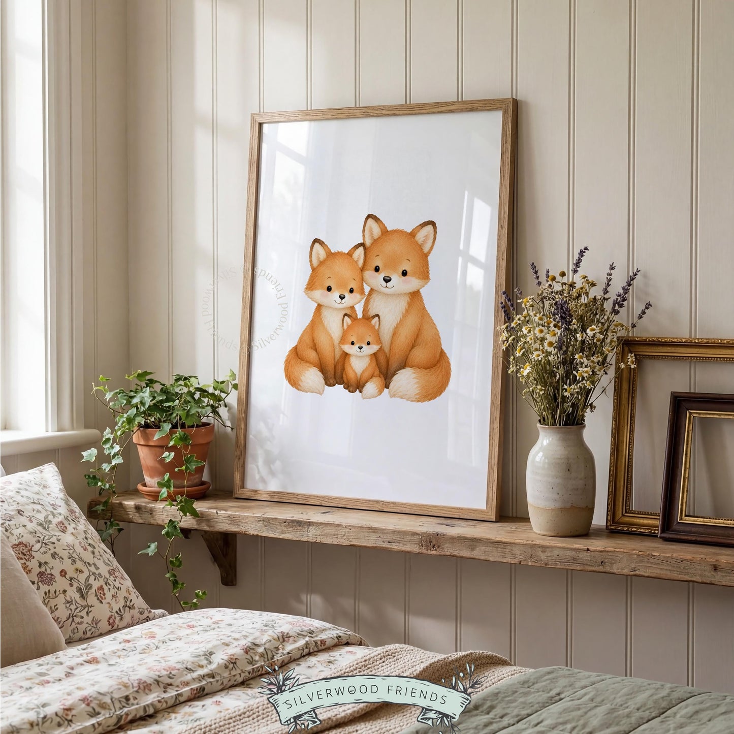 Gentle fox trio artwork digital download — cute family scene in soft watercolor for kids' room wall display