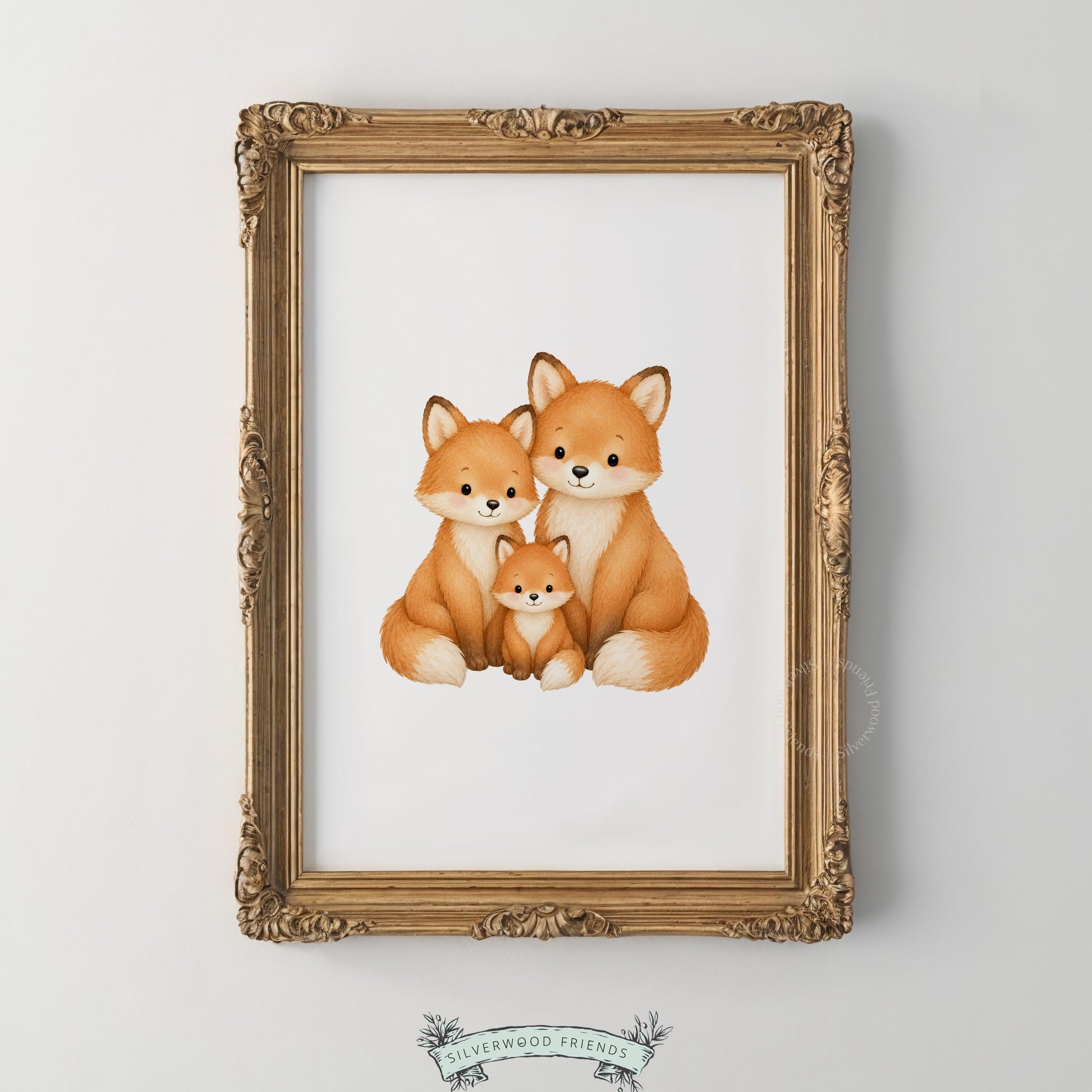 Baby fox kit and parents digital print for kids room — cozy storybook artwork with gentle cream and orange tones