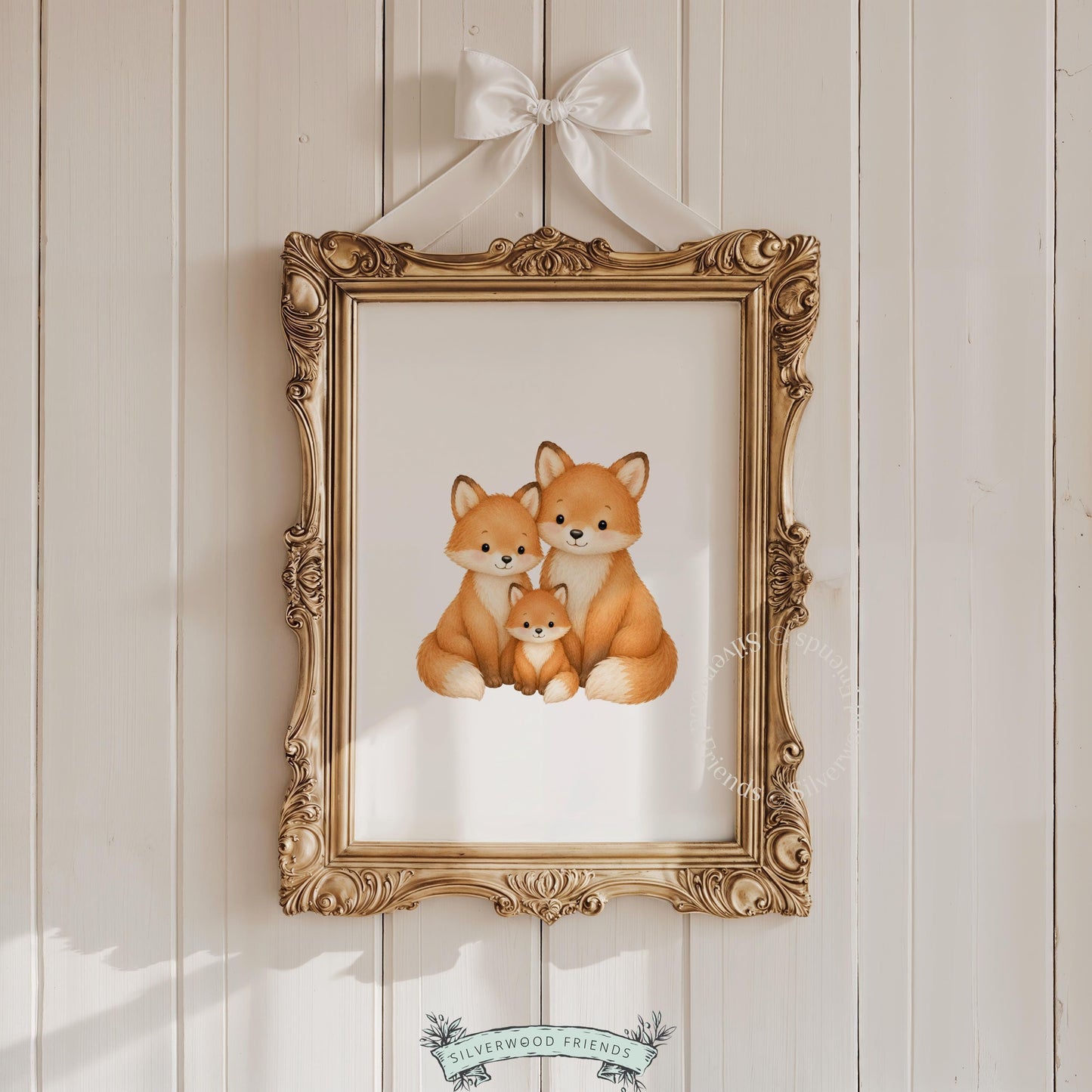 Baby fox and adult foxes wall picture for nursery — cozy watercolor-style family artwork with clean background