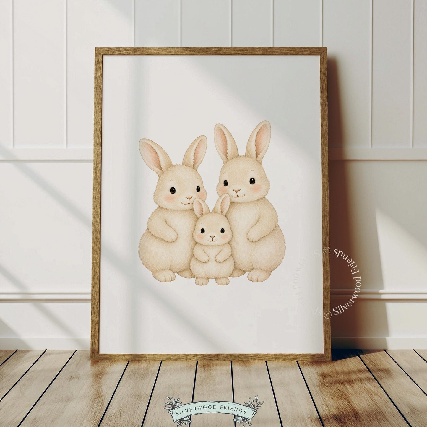 Baby rabbit with parent bunnies wall art for kids room — gentle pencil-sketch style neutral nursery decor