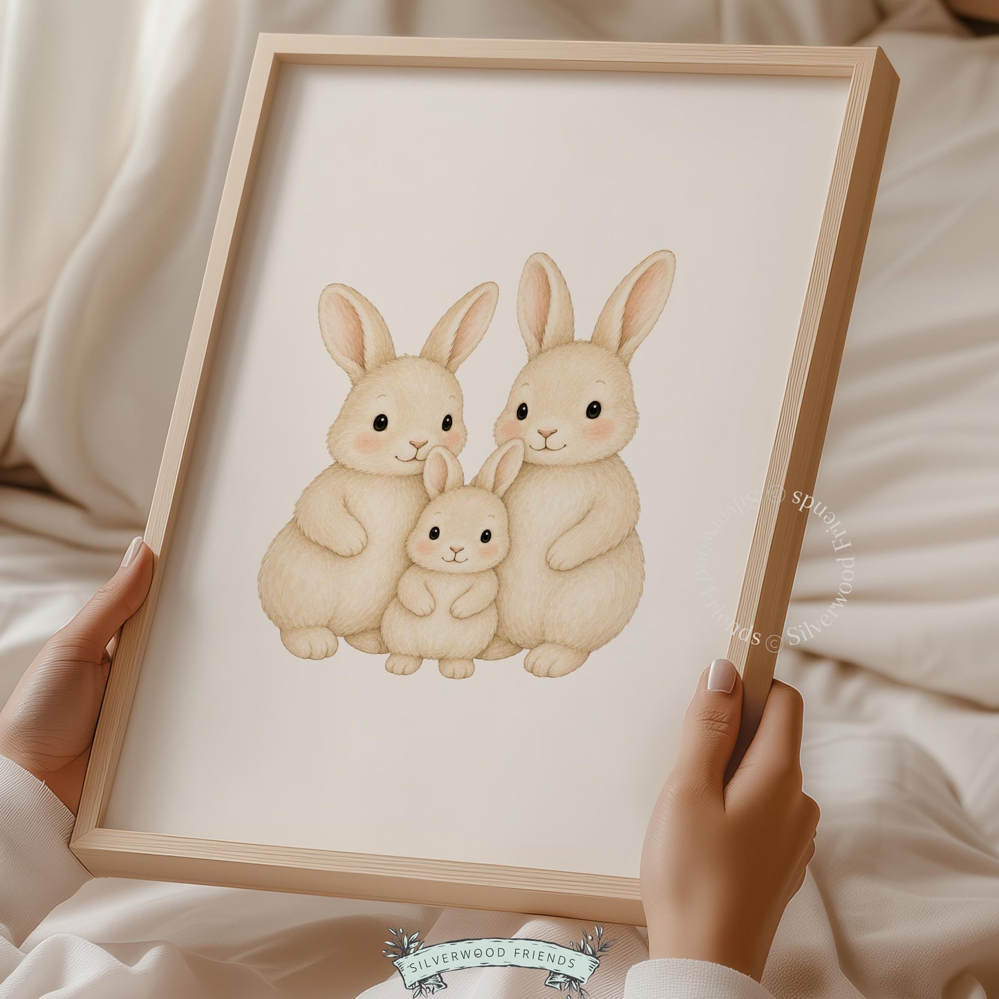 Three rabbits family illustration digital download for kids room — cozy portrait with sweet, gentle pencil style