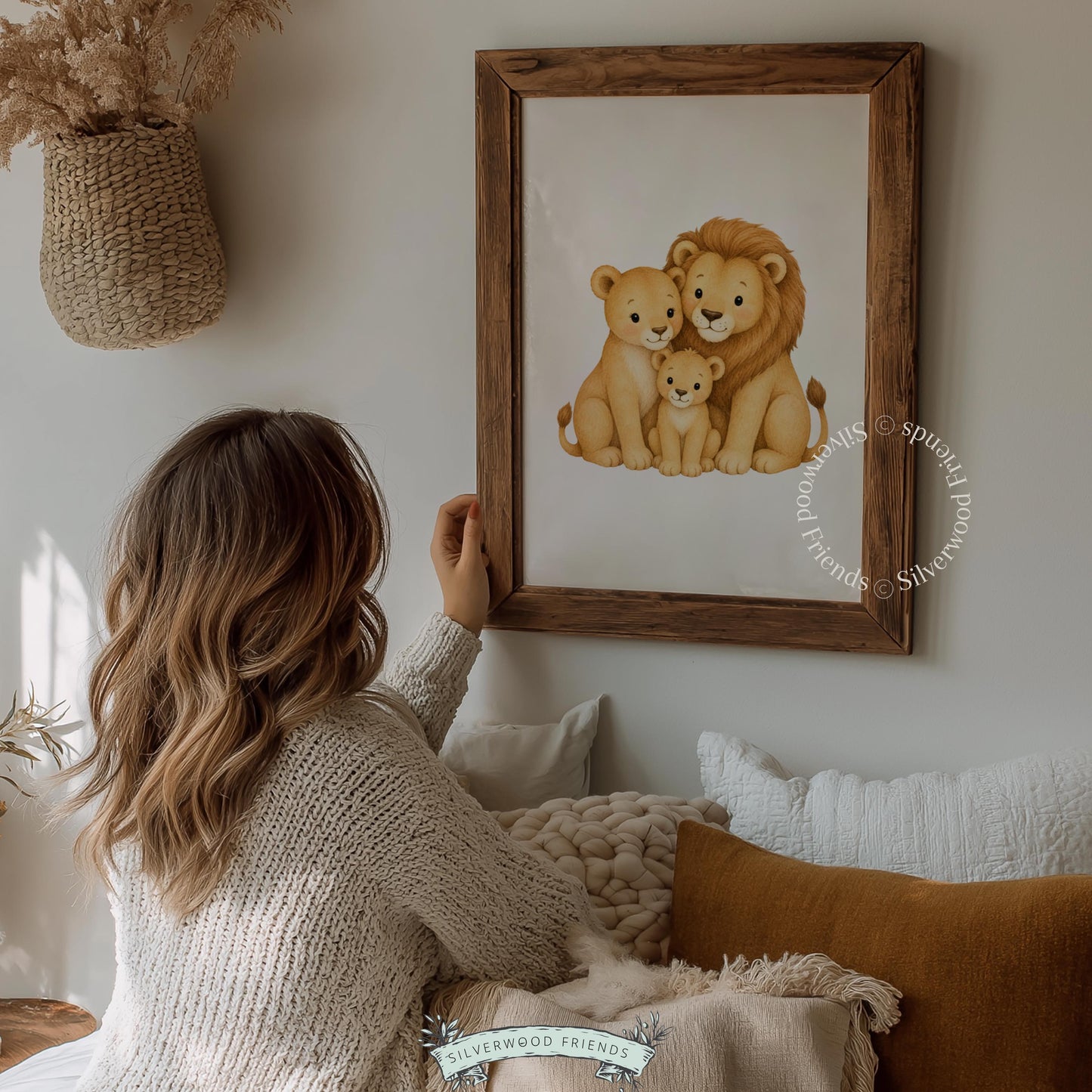 Lion family instant download art for baby room — precious safari animals in tender watercolor technique