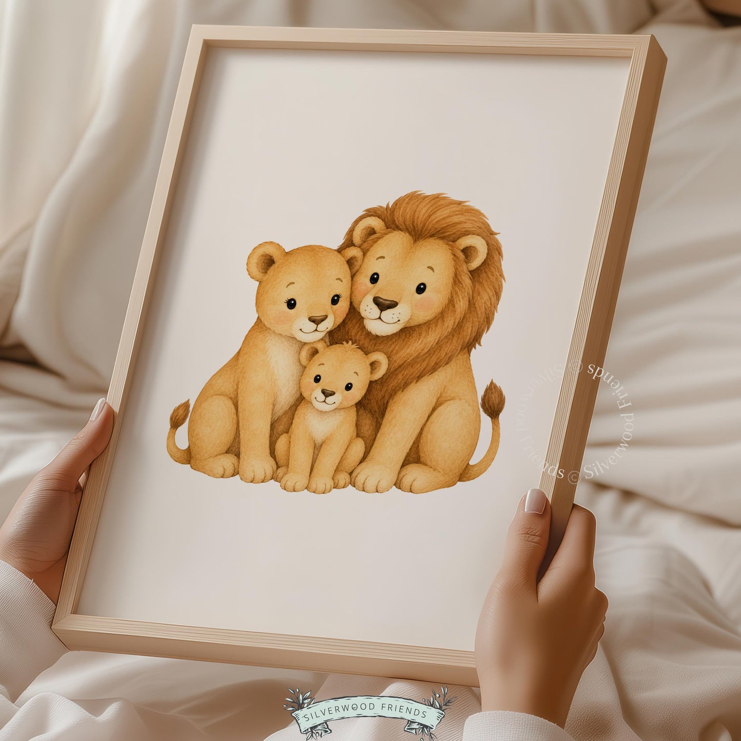 Sweet lion family group portrait instant download art — soft, gentle nursery picture with calm golden tones