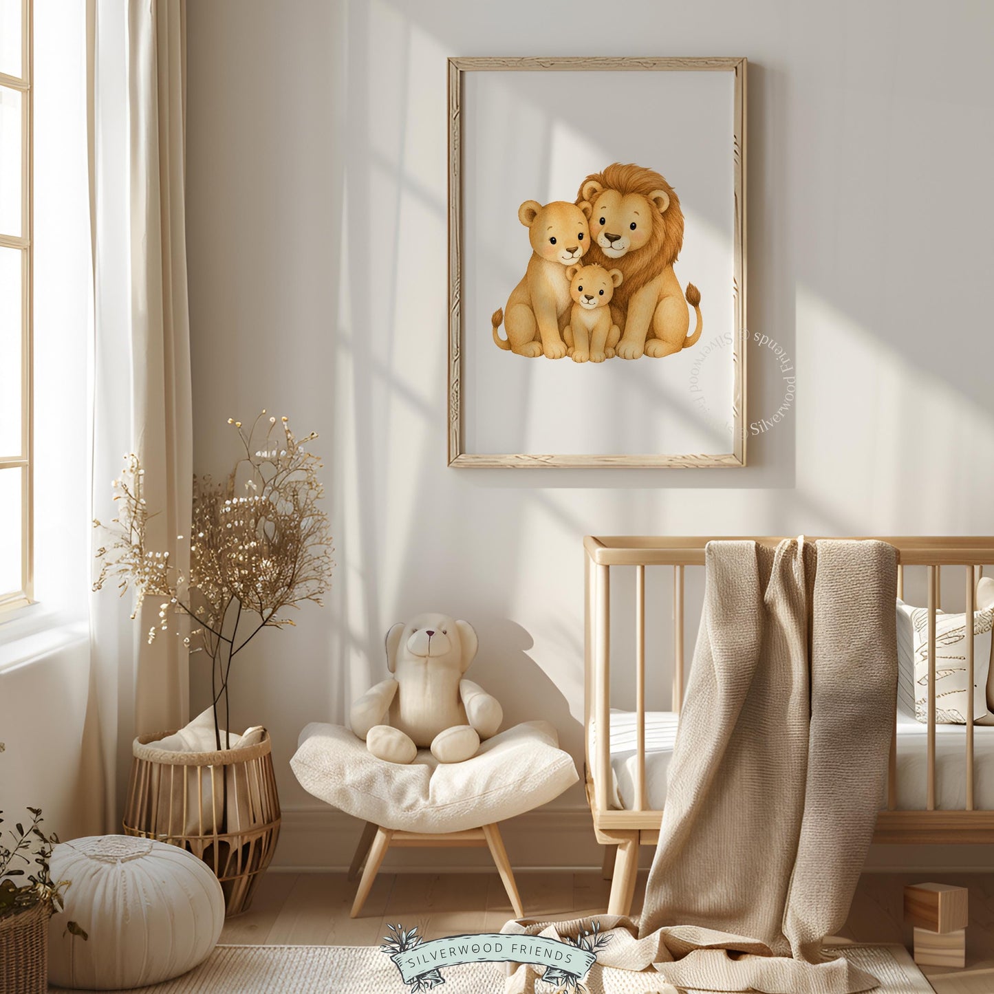 Safari animal nursery printable art featuring cozy lion family — warm watercolor illustration for baby spaces