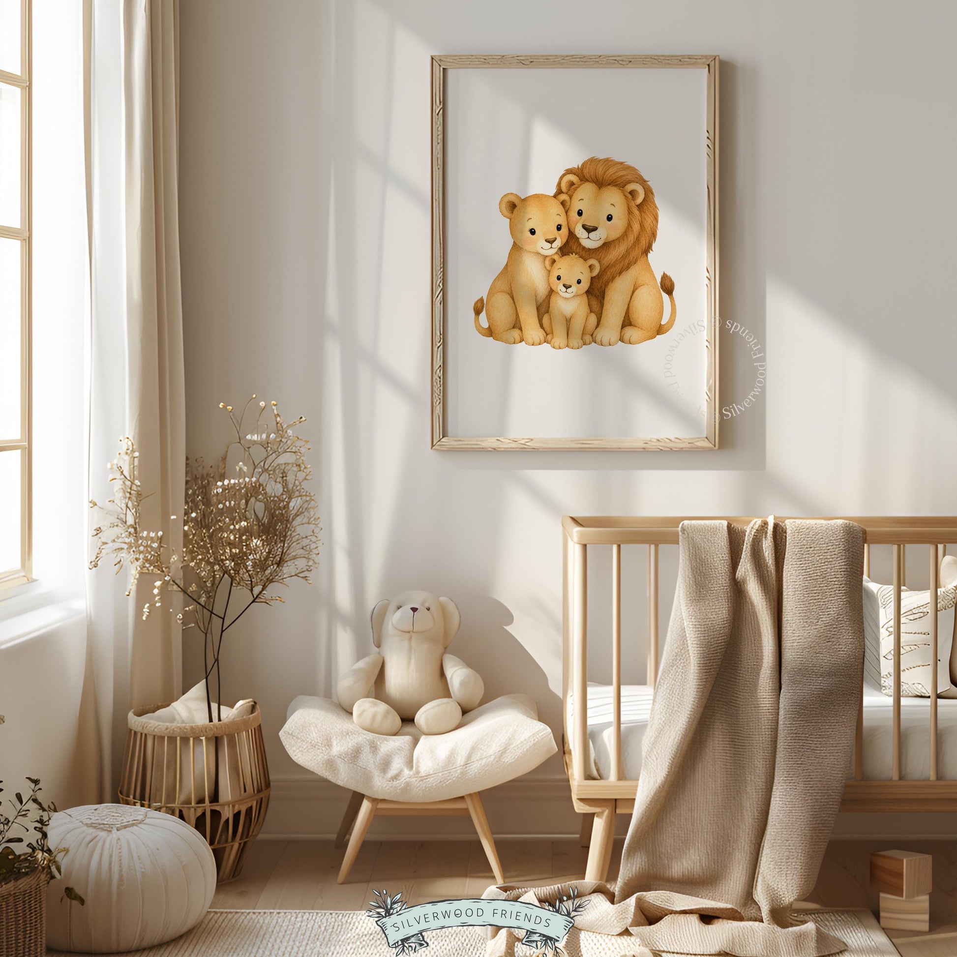 Safari animal nursery printable art featuring cozy lion family — warm watercolor illustration for baby spaces