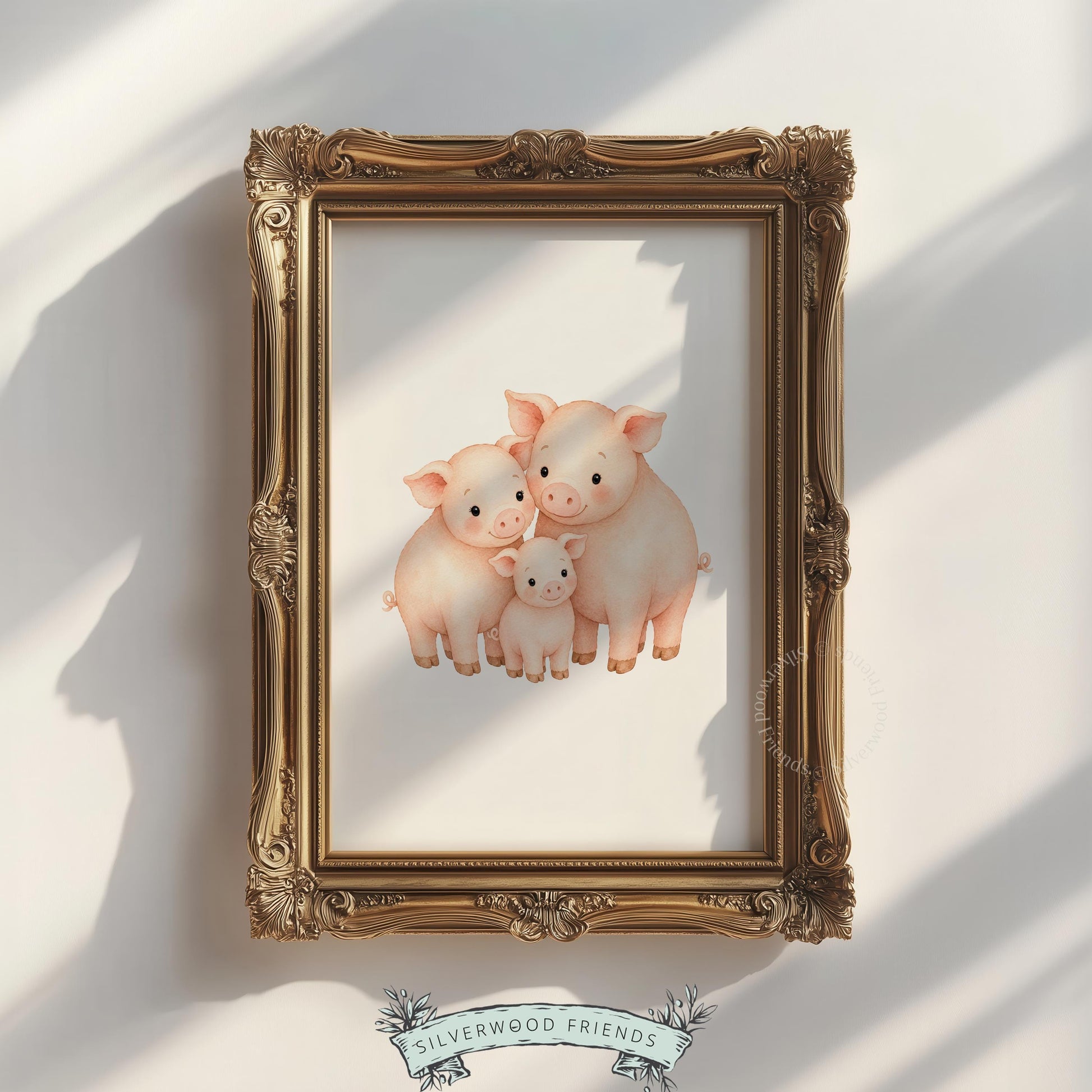 Mother pig and piglets wall art printable for playroom — charming countryside illustration with soft tones
