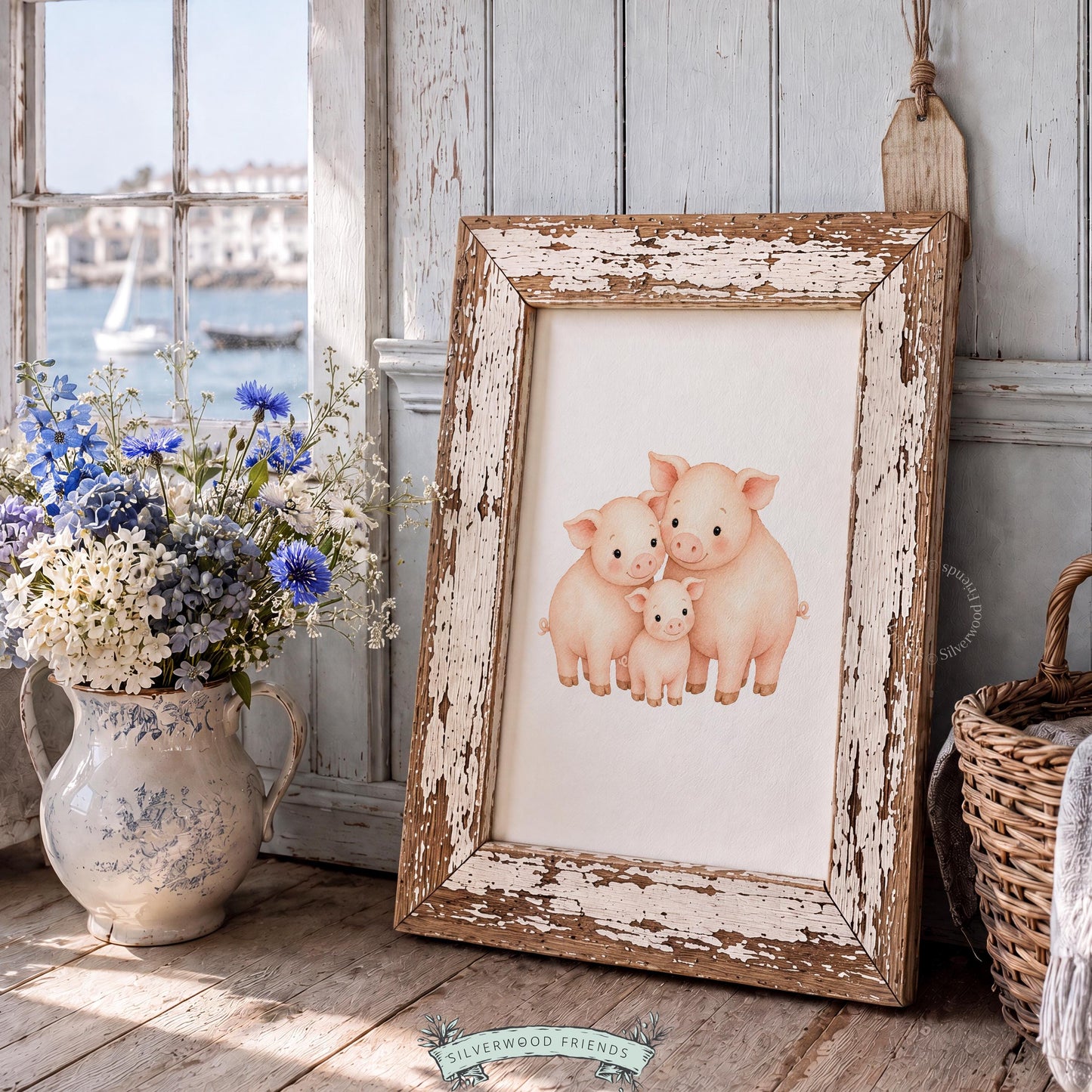 Pig family portrait printable art for nursery — soft watercolor illustration with gentle pink farmhouse aesthetic
