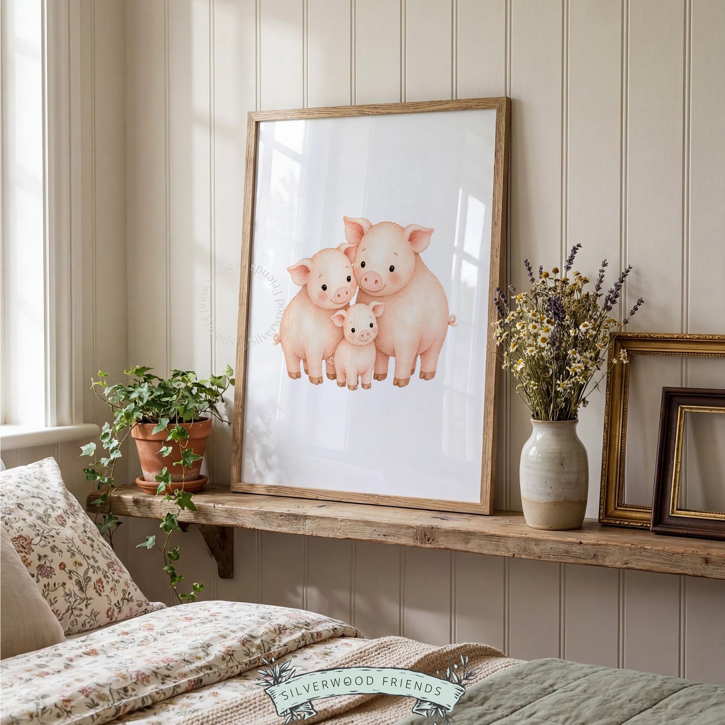 Farm animal family poster for toddler room — adorable pig grouping in calming watercolor style