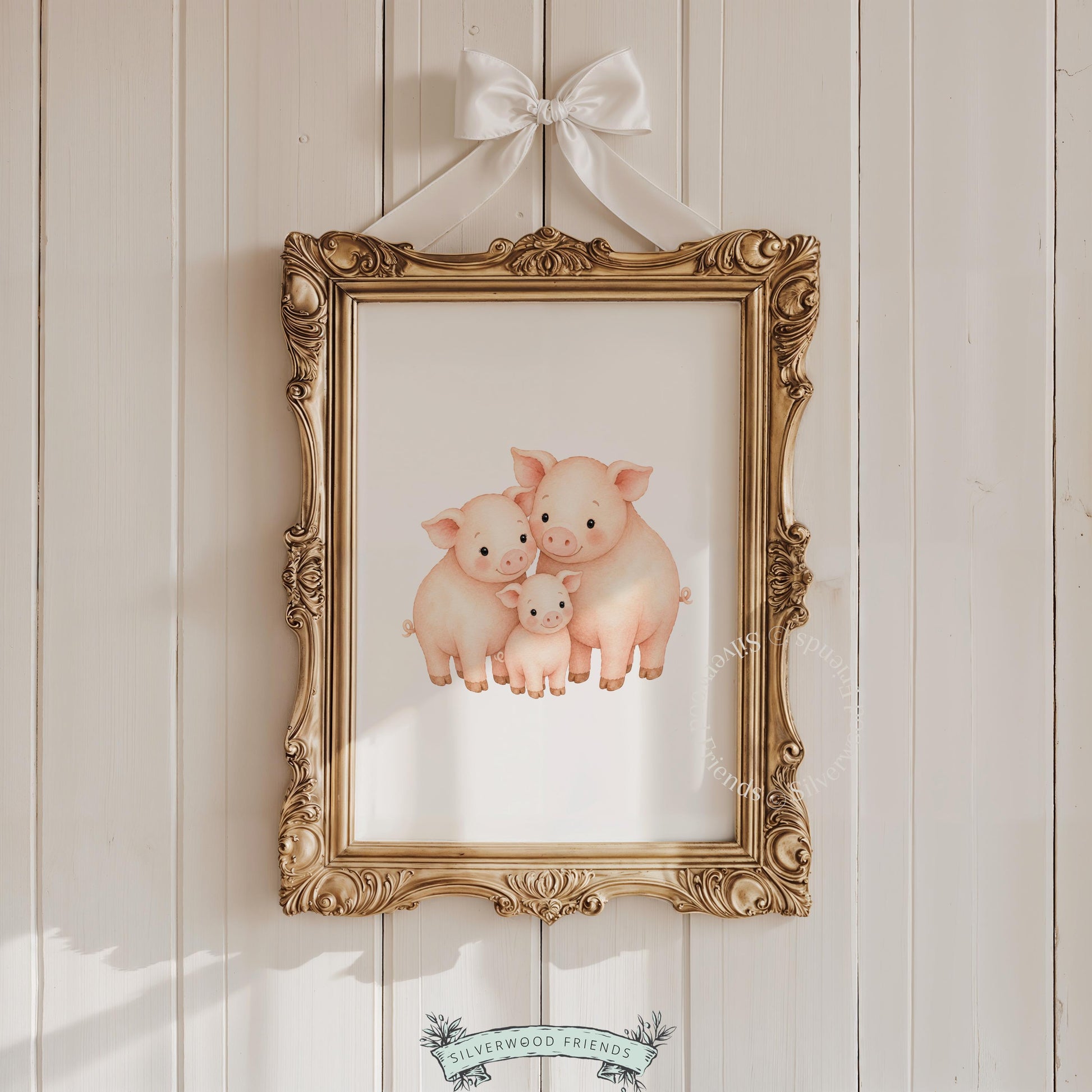 Baby pig family wall art instant download for kids room — sweet watercolor illustration in peaceful tones