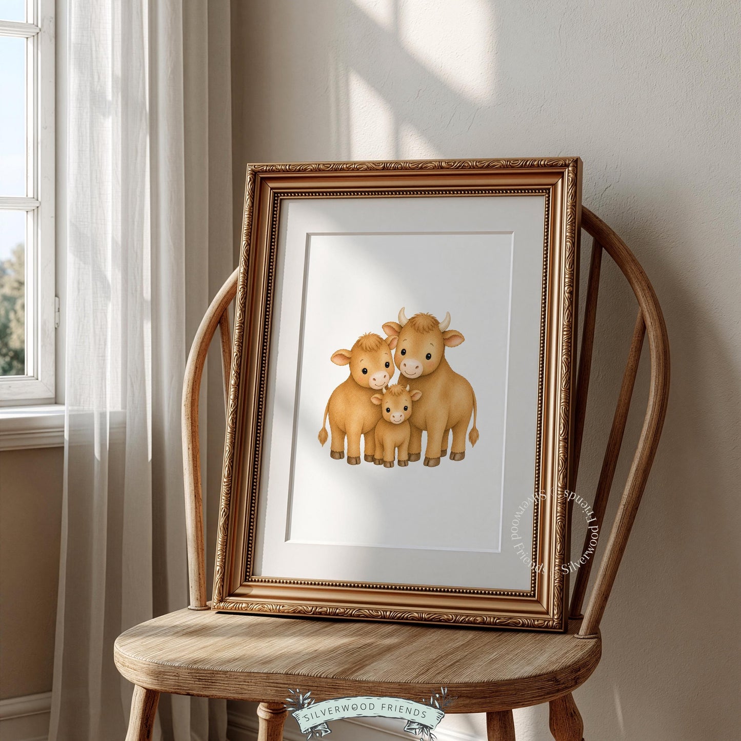 Three highland cattle digital print for baby room — gentle farmhouse aesthetic with soft painterly style