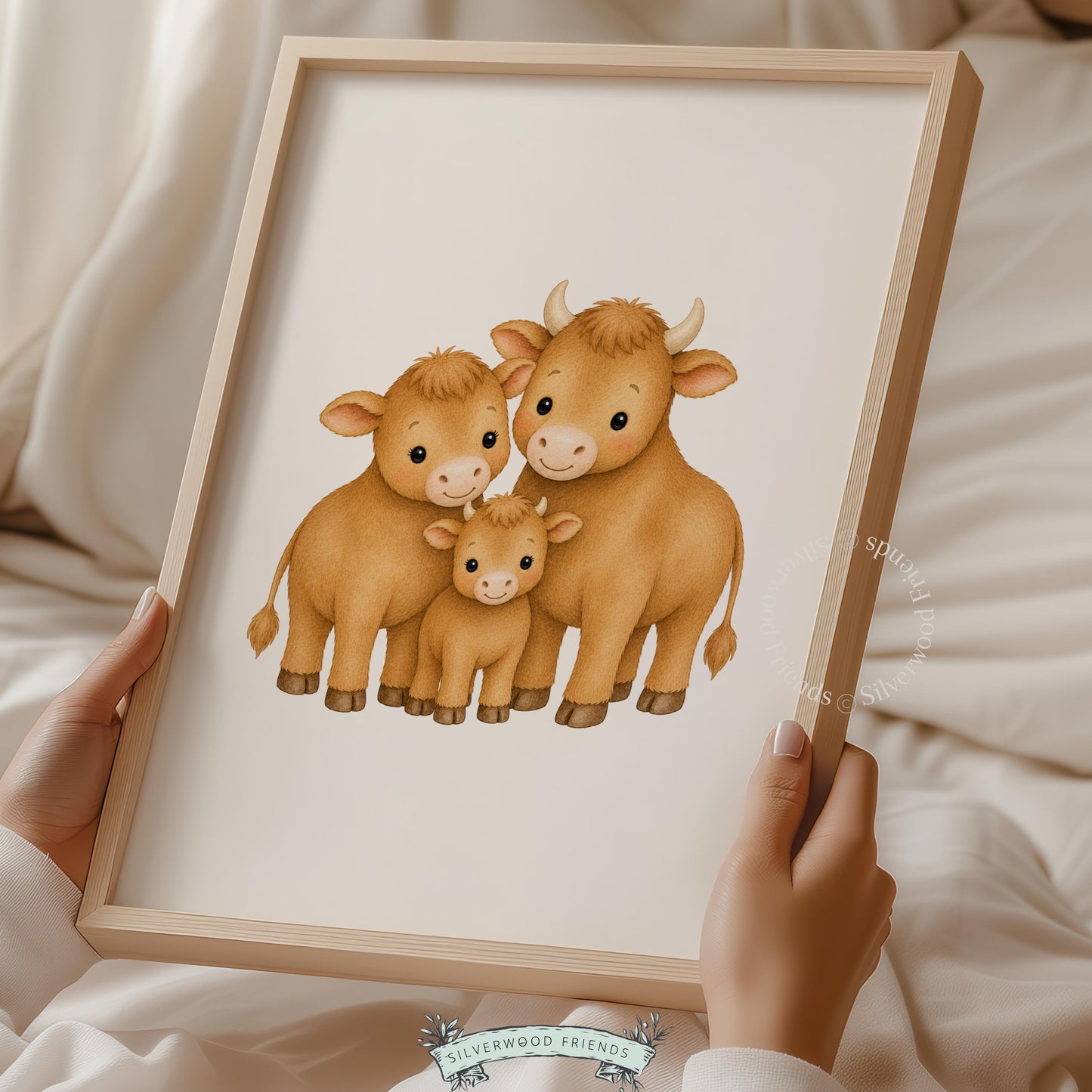 Cute livestock painting for playroom — sweet family grouping of highland cattle on white background