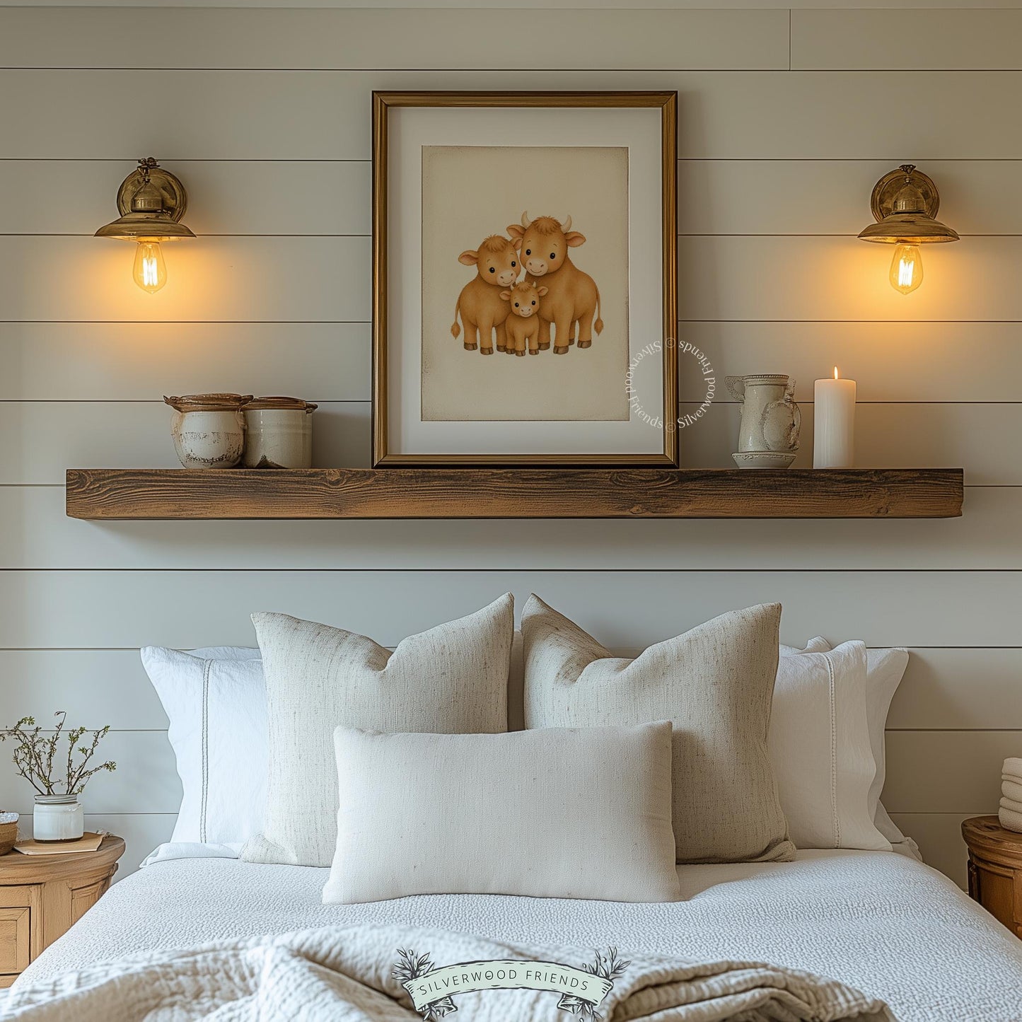 Highland cattle digital wall art for playroom — endearing parent and calf scene with gentle aesthetic
