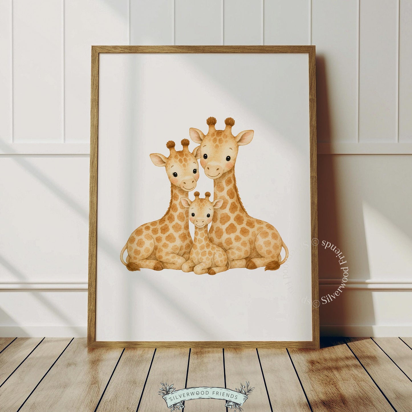 Adorable safari animals picture for baby room — watercolor giraffes in tender pose with cozy aesthetic