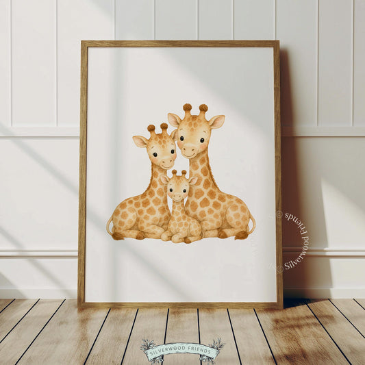 Adorable safari animals picture for baby room — watercolor giraffes in tender pose with cozy aesthetic