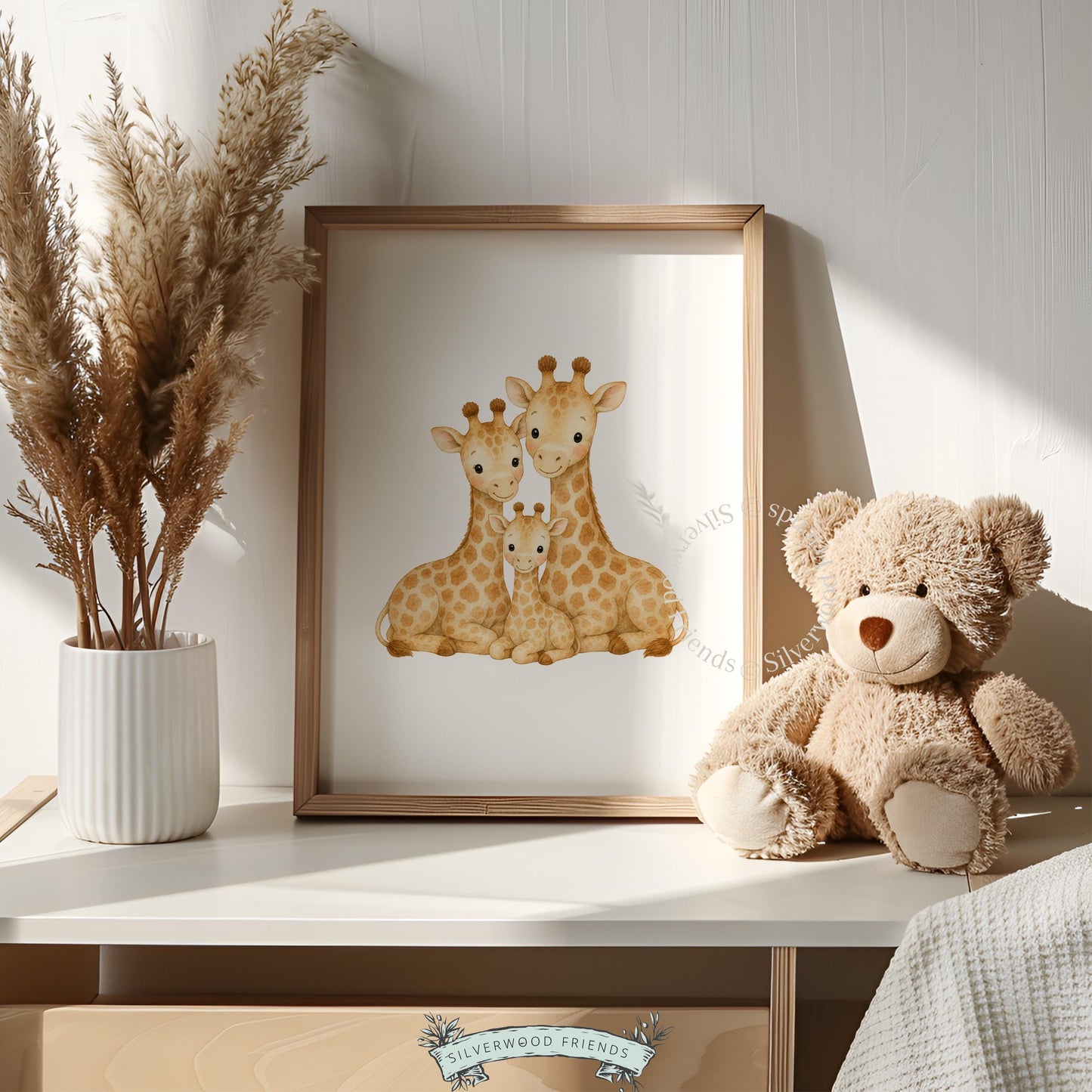 Nursery wall art featuring three giraffes cuddling — instant download printable in calming neutral tones