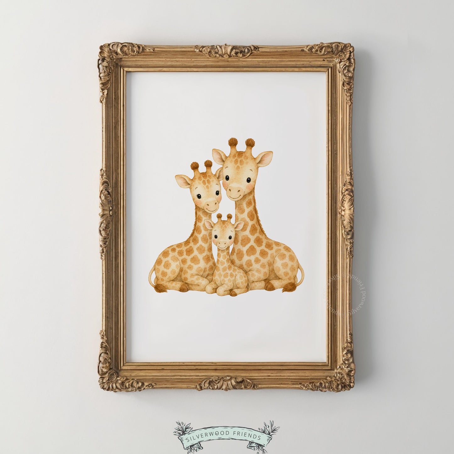Cute giraffe illustration digital print for kids bedroom — warm neutral nursery decor with family moment