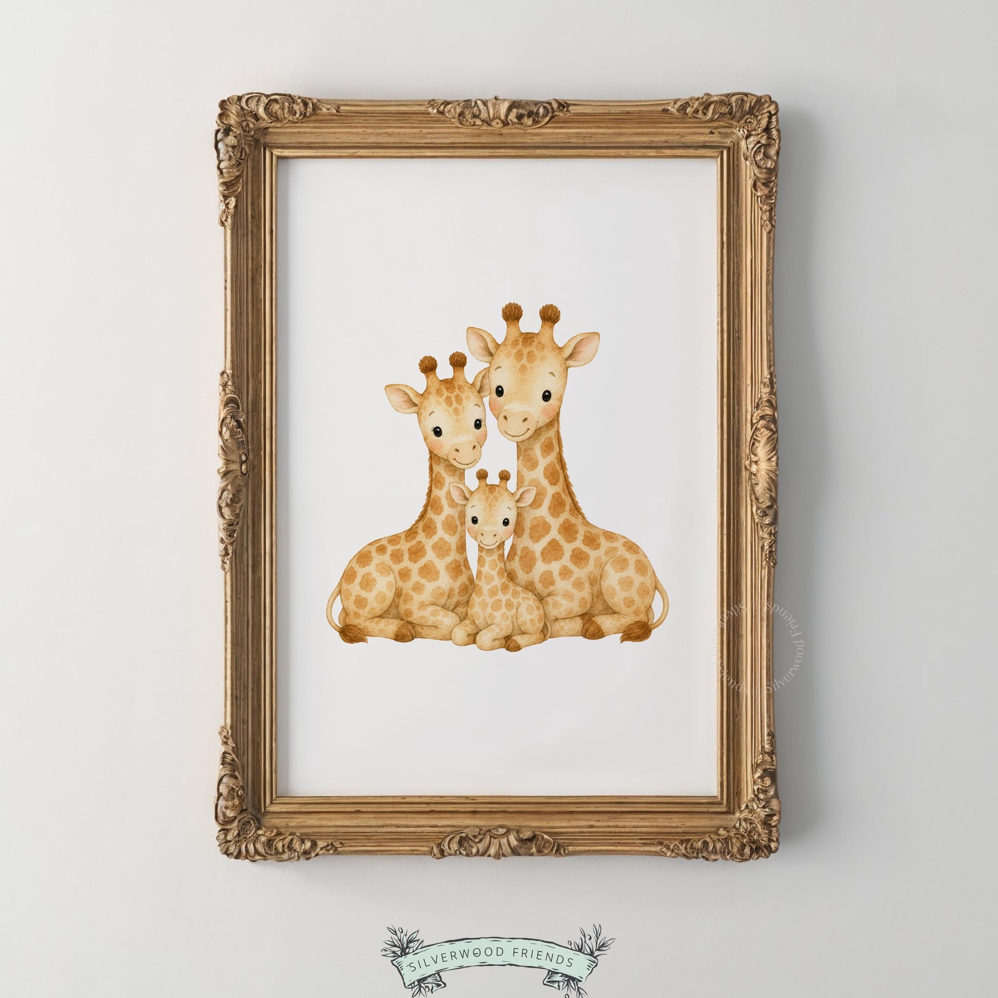 Cute giraffe illustration digital print for kids bedroom — warm neutral nursery decor with family moment