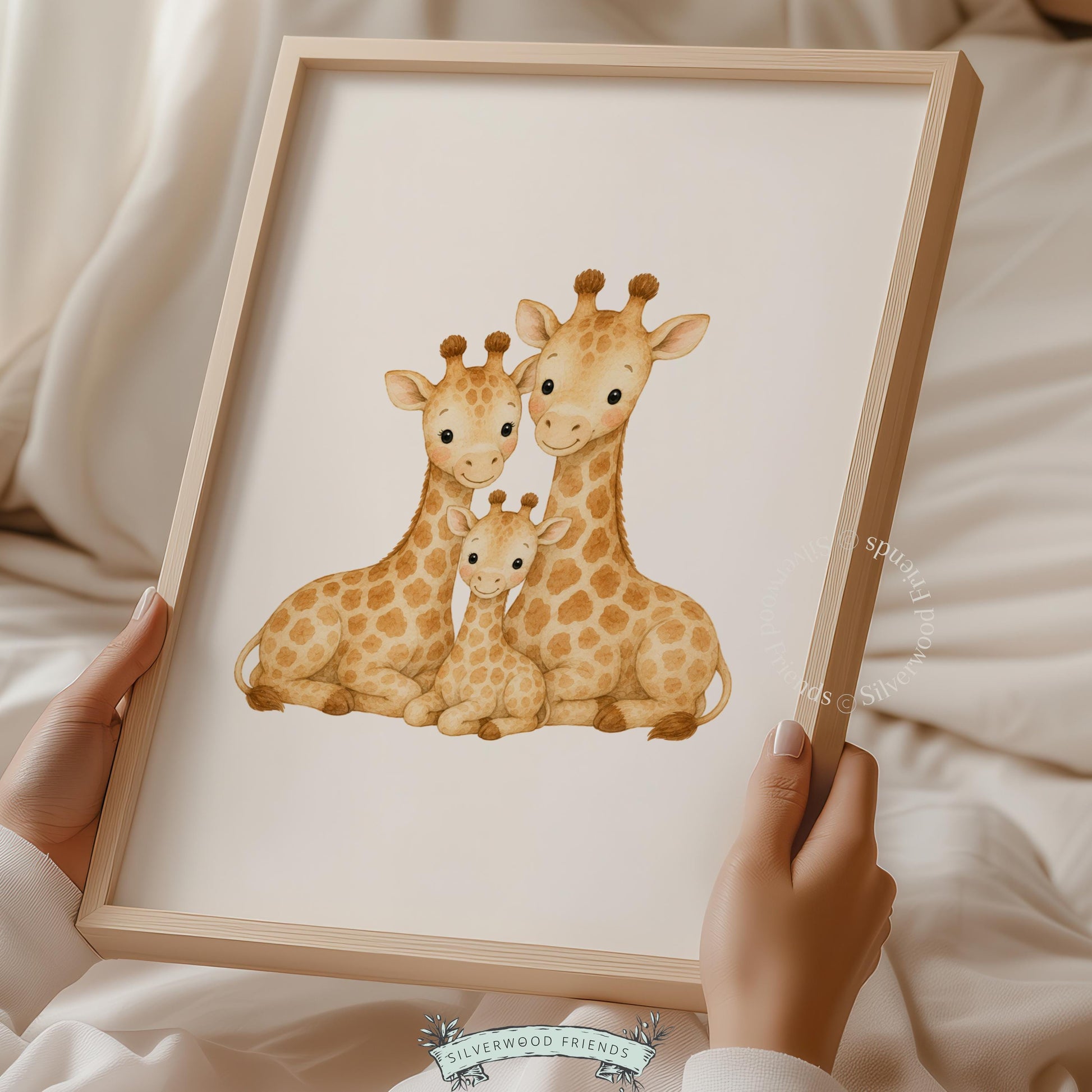 Parent and baby giraffe artwork printable for toddler room — gentle golden tones neutral nursery wall decor