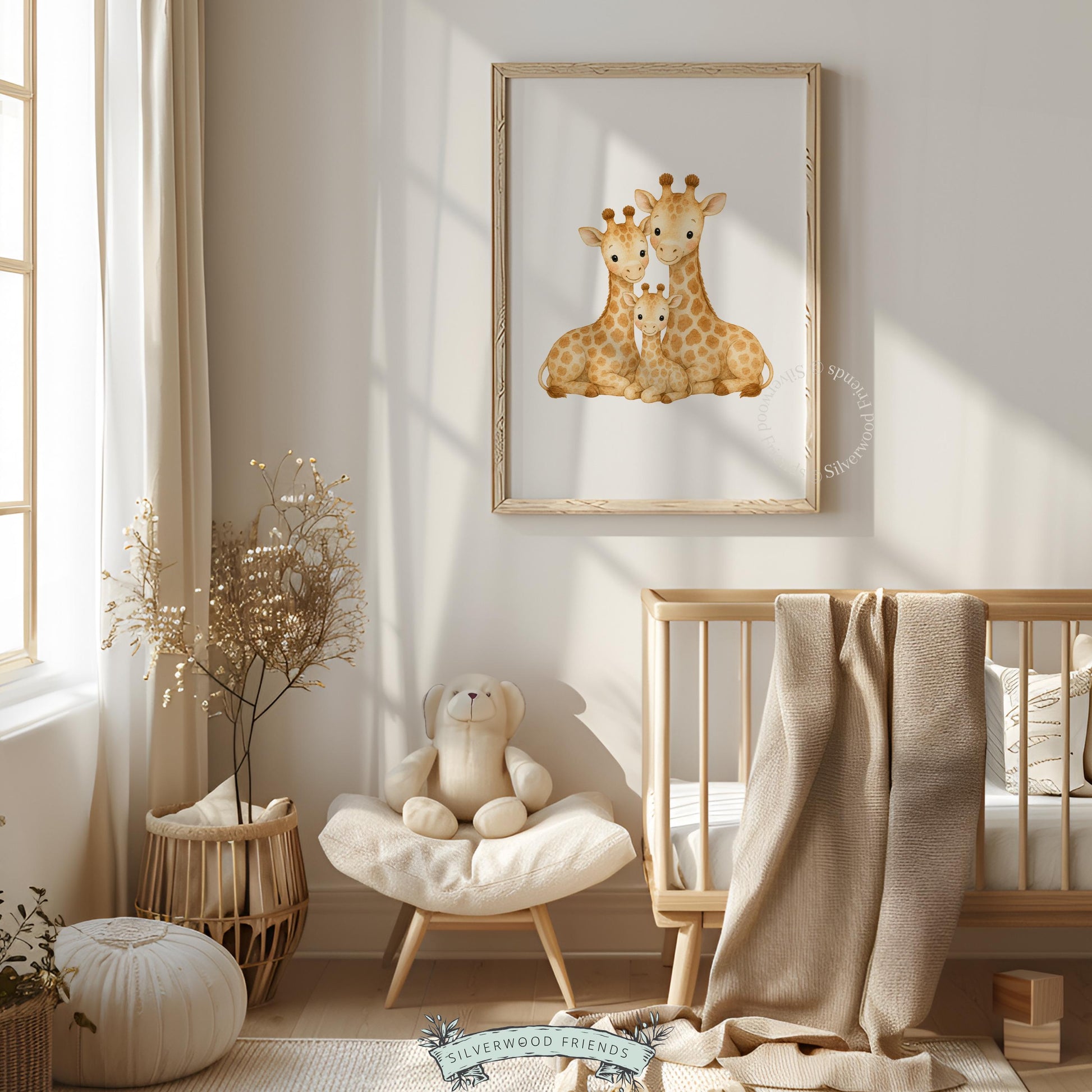 Giraffe embrace instant download artwork for kids — neutral nursery illustration with warm cozy feeling
