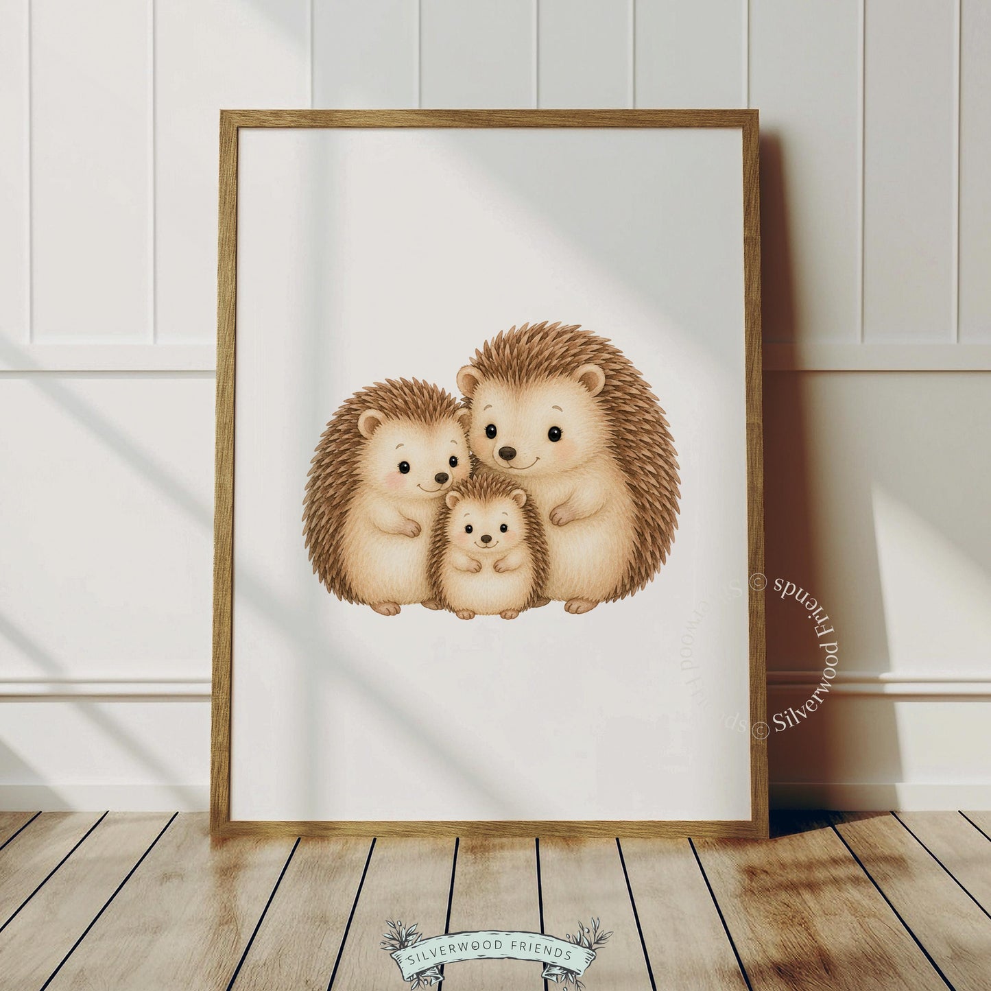 Hedgehog cuddle family poster for playroom — tender woodland creatures in warm cream and brown tones