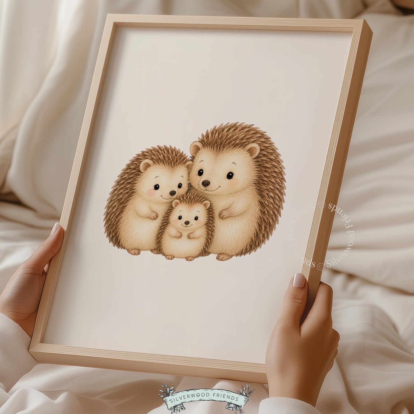 Three hedgehogs together digital artwork for kids nursery — gentle nature-inspired wall decor with warm palette