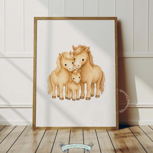 Sweet horse family picture printable decor — cozy watercolor design with golden-tan color scheme