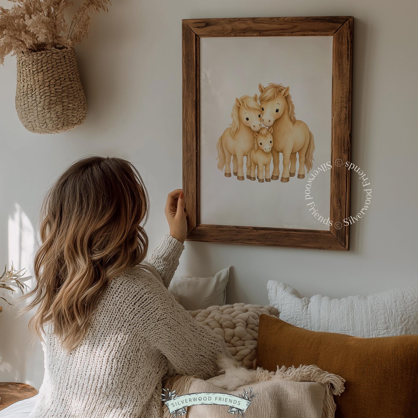 Cute equine family portrait poster — soft watercolor nursery wall art with golden-tan palette