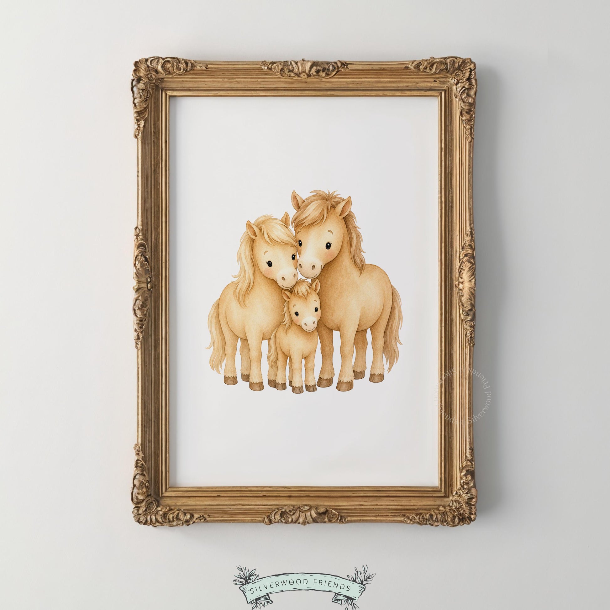 Three ponies family illustration printable art for nursery — soft watercolor style with warm golden tones