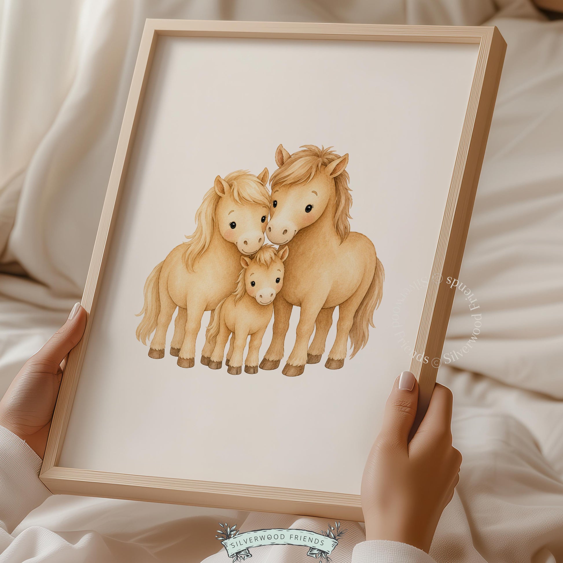 Baby foal with parent horses wall art for baby room — cozy storybook aesthetic on white background