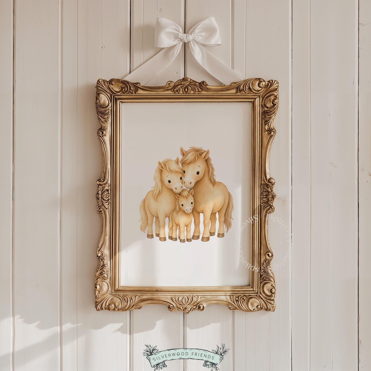 Equine family illustration poster for kids room — soft-shaded watercolor with warm intimate mood