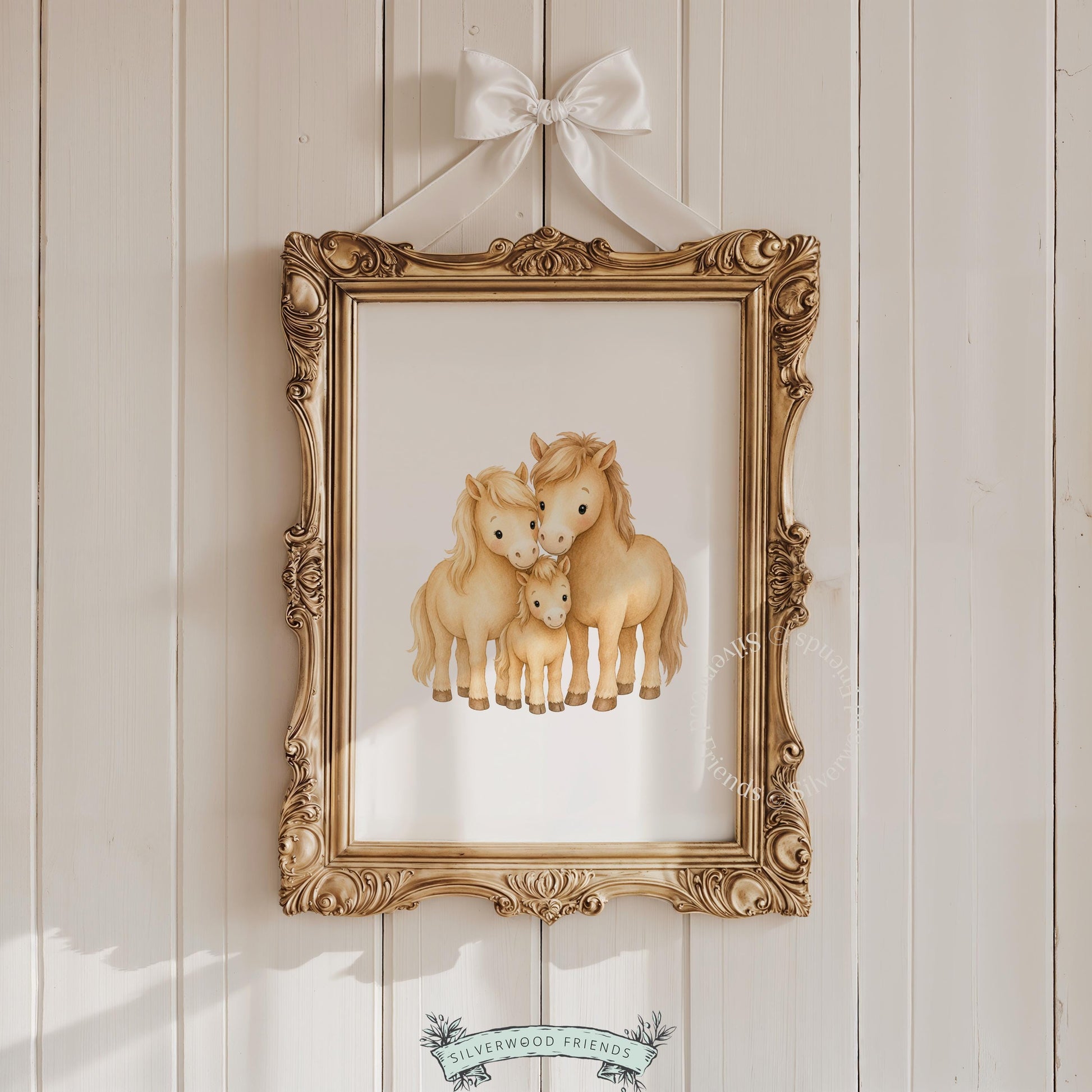 Equine family illustration poster for kids room — soft-shaded watercolor with warm intimate mood