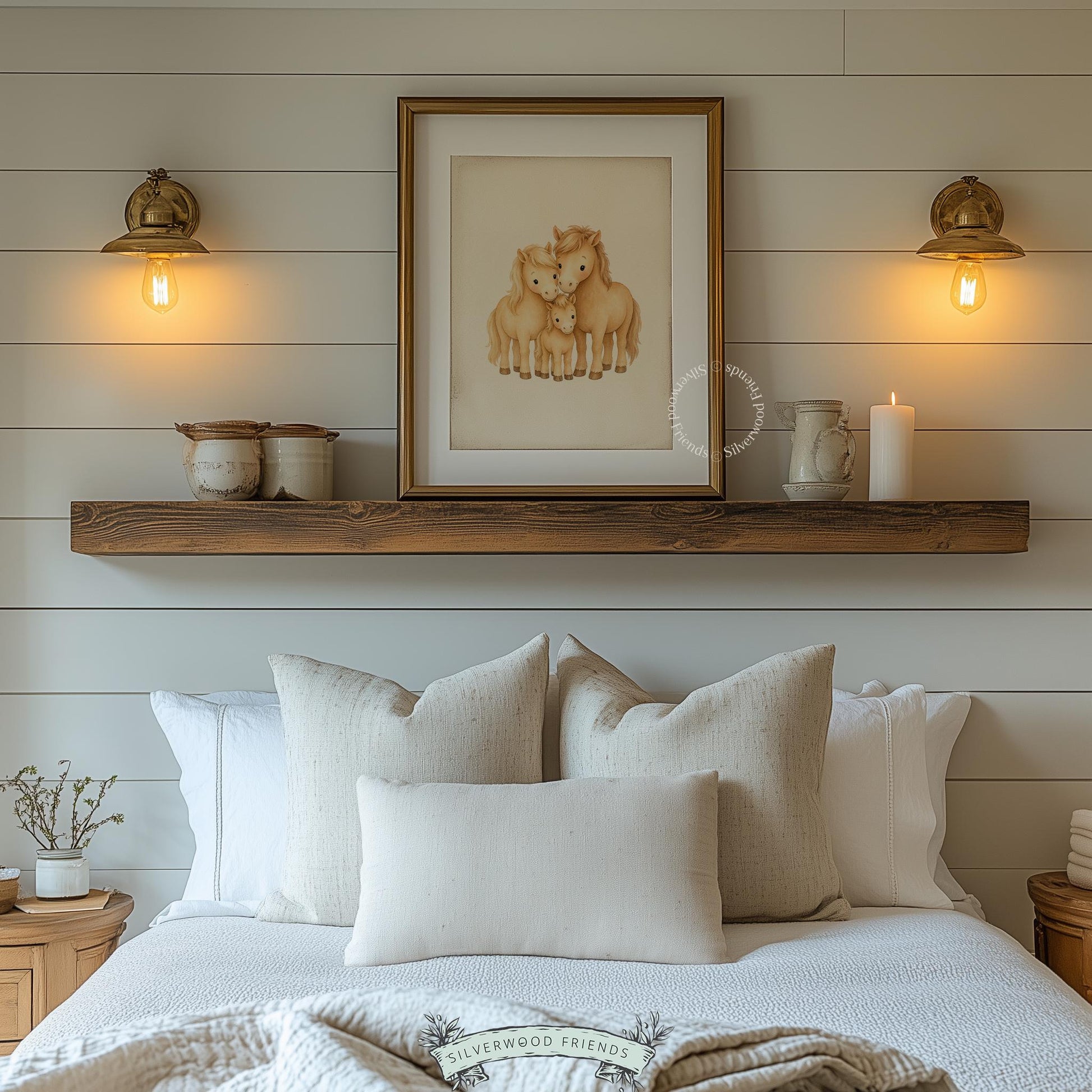Pony family trio picture instant download — gentle nursery décor featuring sweet golden-tan hues